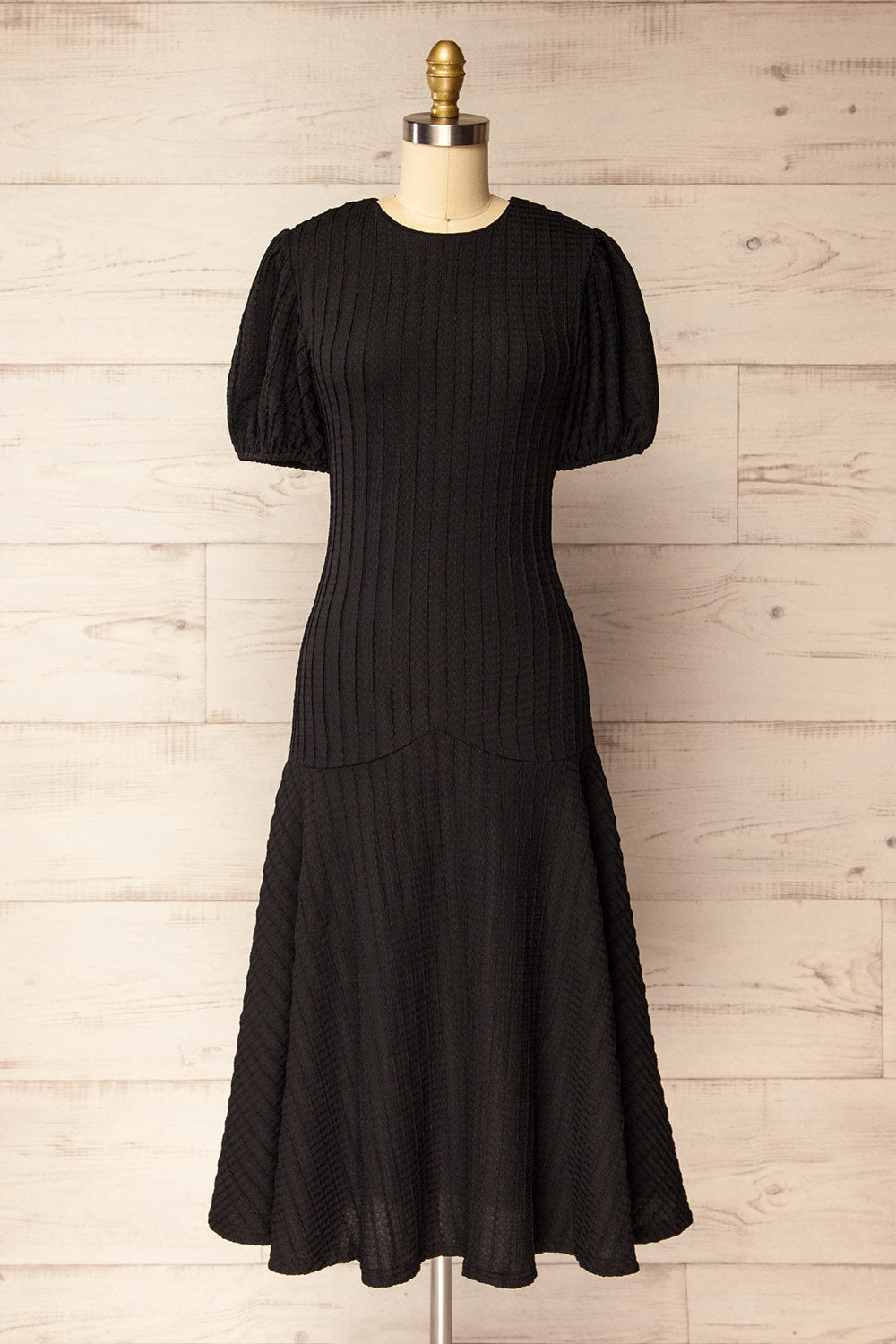 Lenexa Black Midi Dress with Puff Sleeves | La petite garçonne front