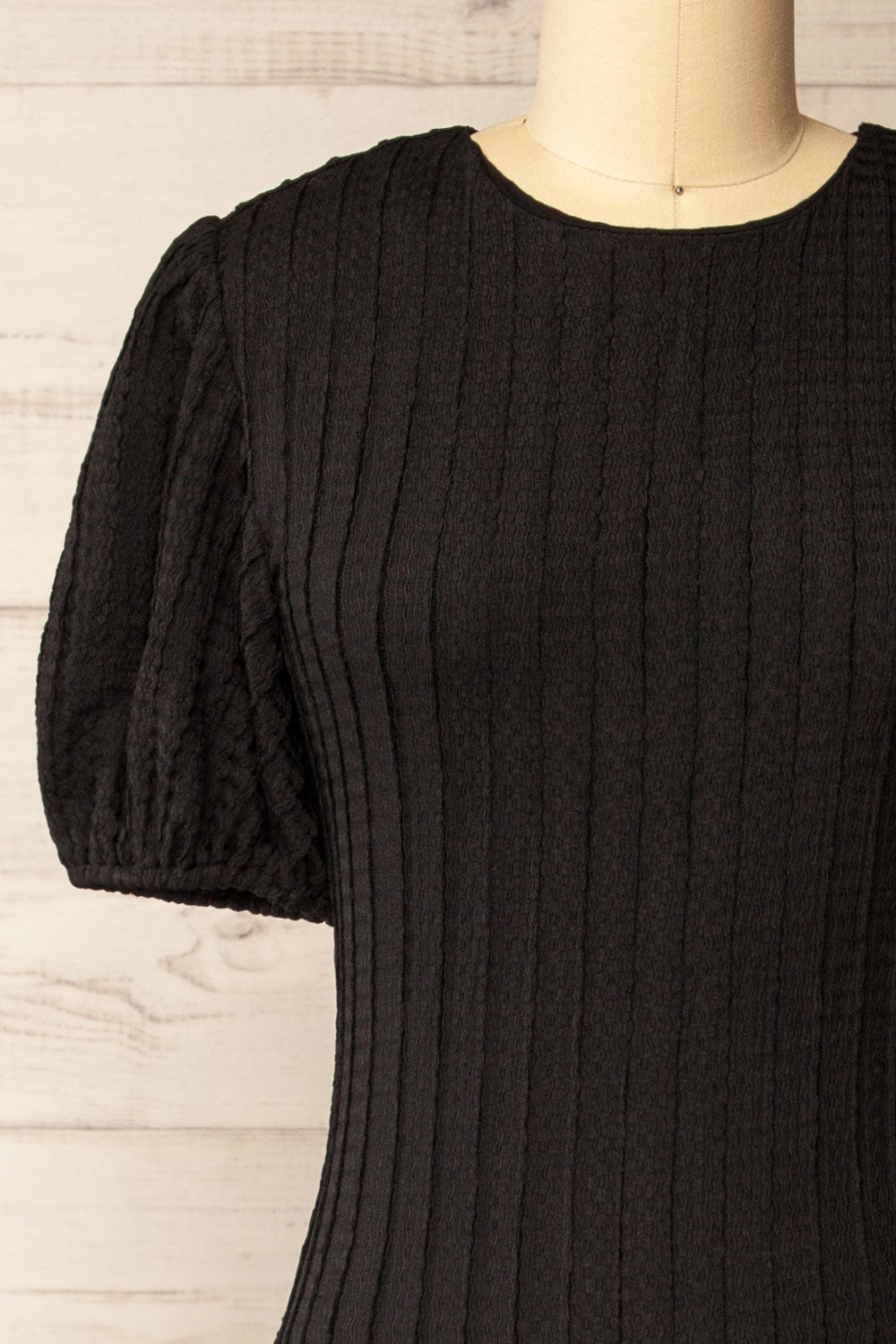 Lenexa Black Midi Dress with Puff Sleeves | La petite garçonne front close-up