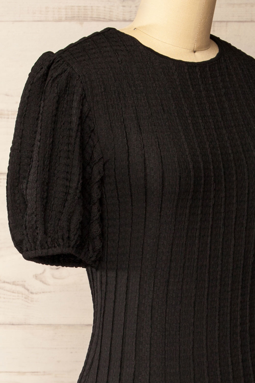 Lenexa Black Midi Dress with Puff Sleeves | La petite garçonne side close-up