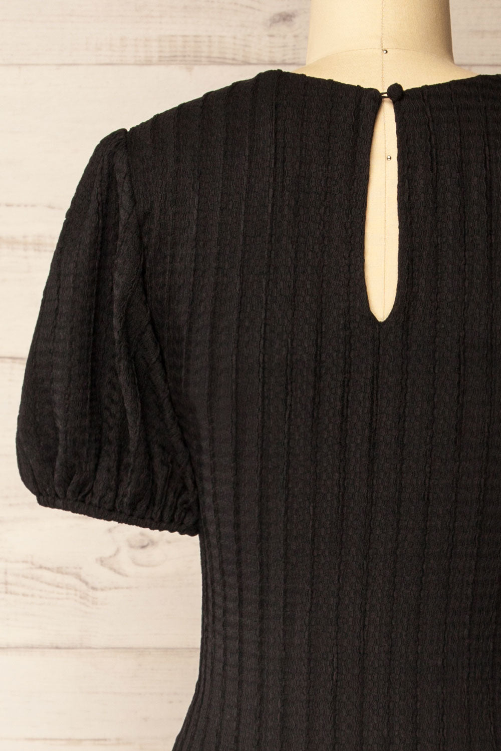 Lenexa Black Midi Dress with Puff Sleeves | La petite garçonne back close-up