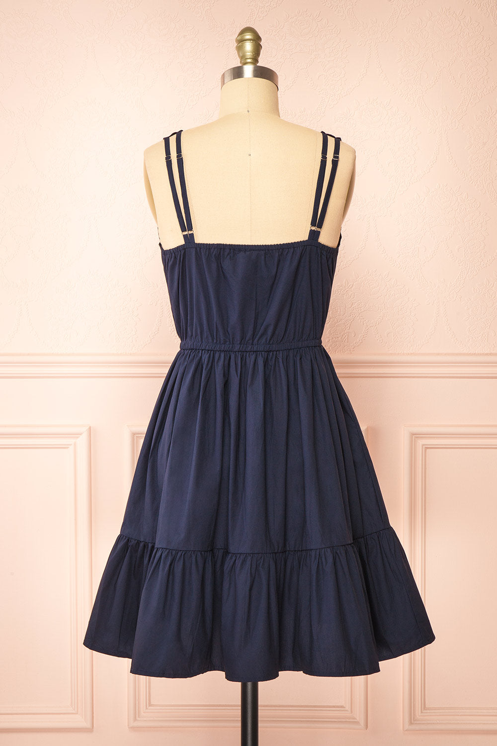 Lenora Navy Short A-line Dress w/ Elastic Waist | Boutique 1861 back view