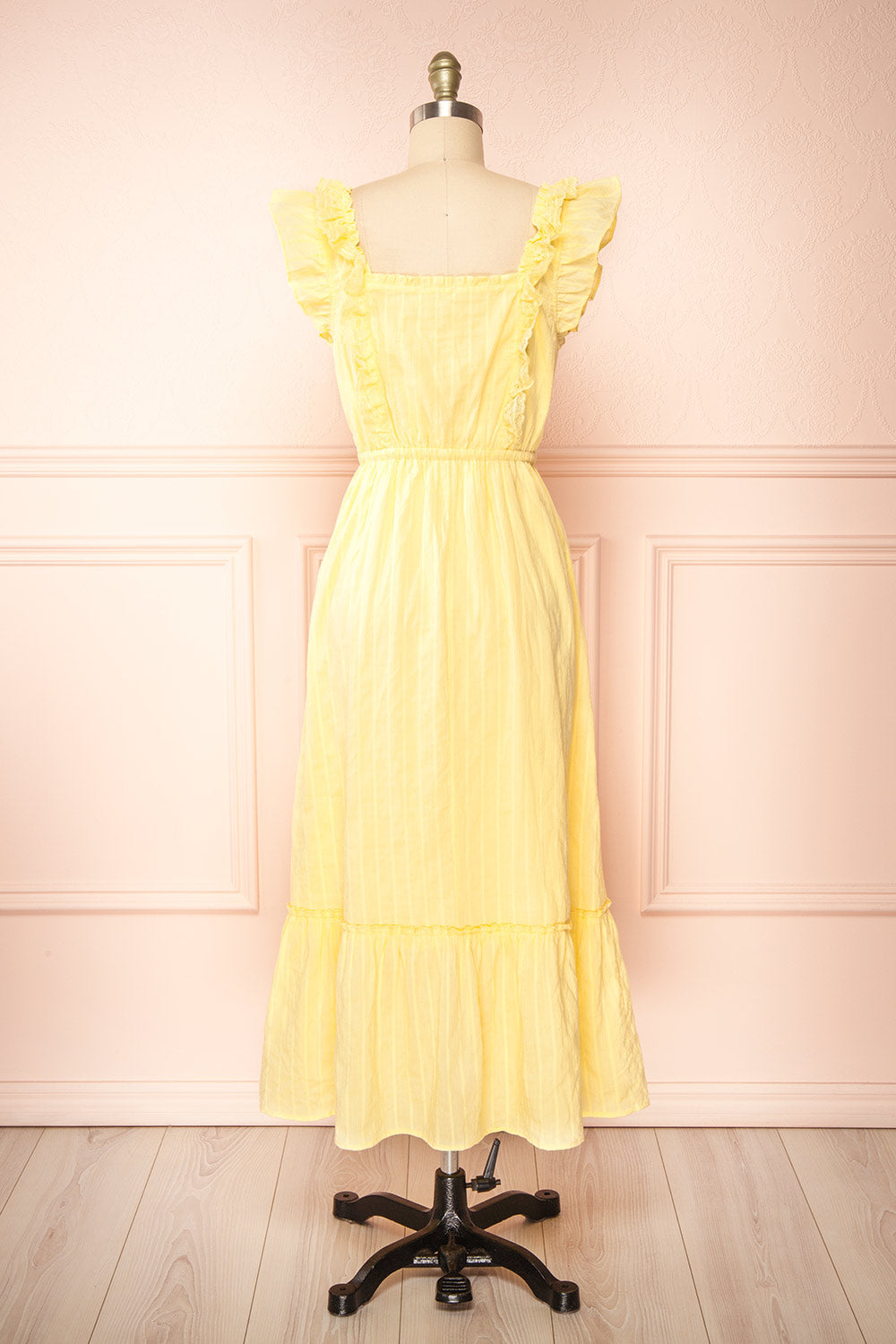 Leonora Yellow Midi Dress w/ Ruffles & Lace | Boutique 1861 back view