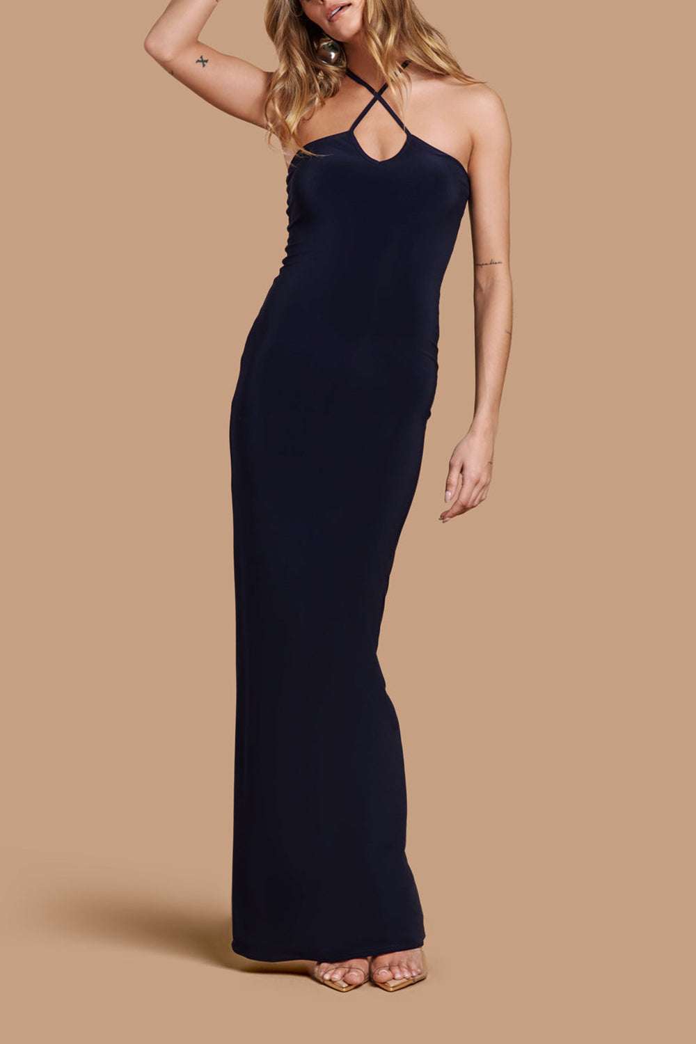 Leora Navy Long Dress w/ Criss-Cross Halter Neckline | Boutique 1861 model front