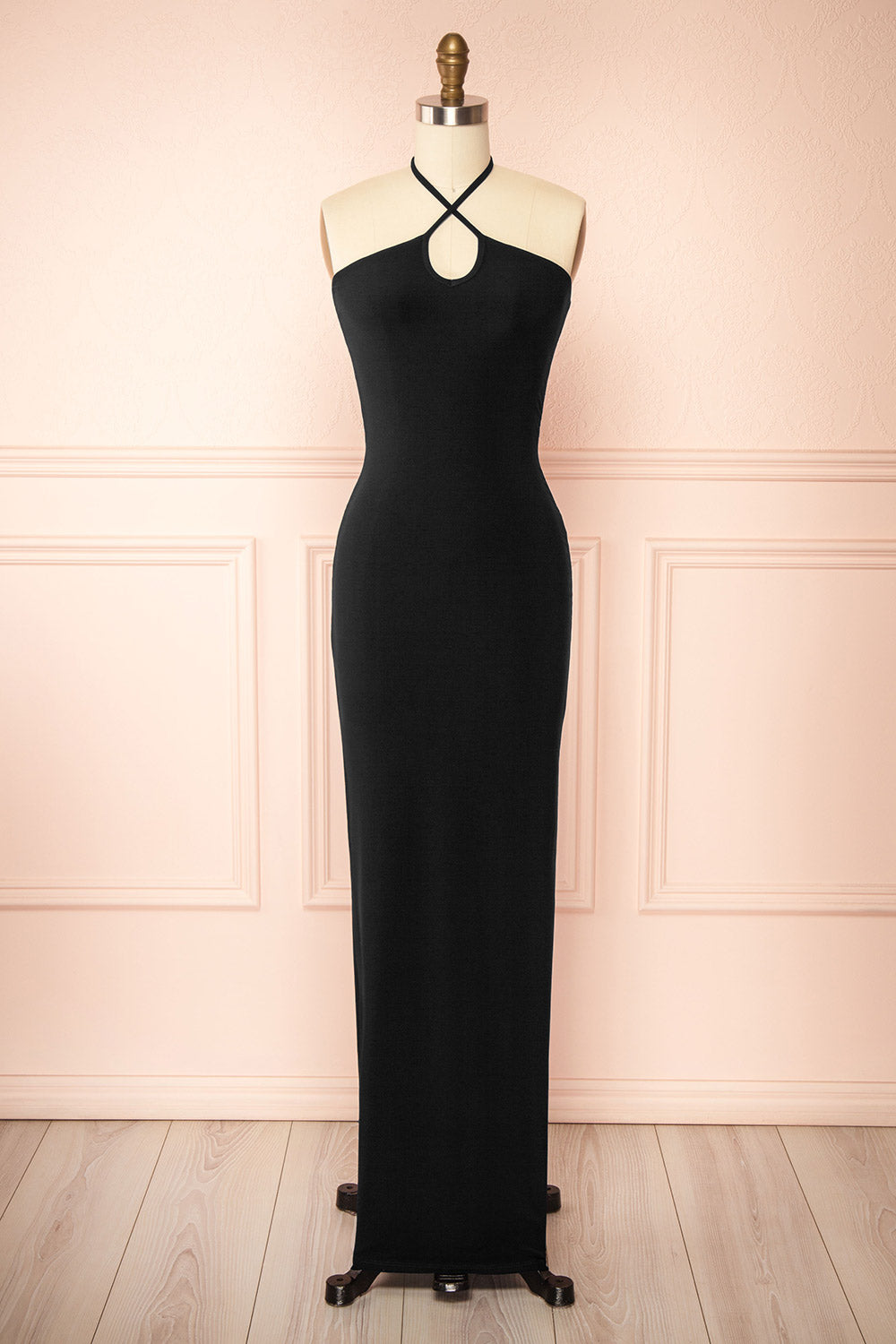 Leora Black Long Dress with Cross Halter Neckline | Boutique 1861 front view