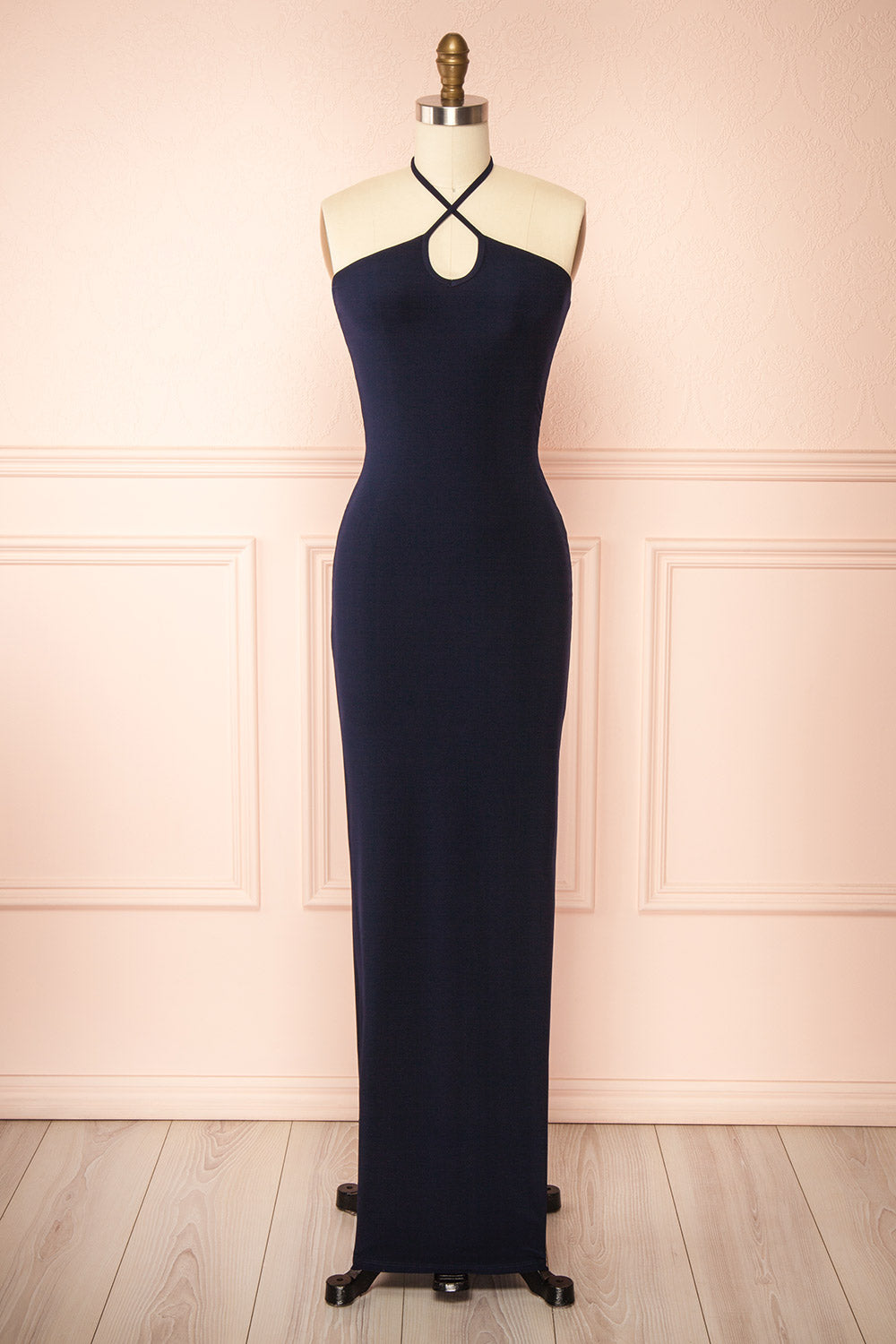 Leora Navy Long Dress w/ Criss-Cross Halter Neckline | Boutique 1861 front view