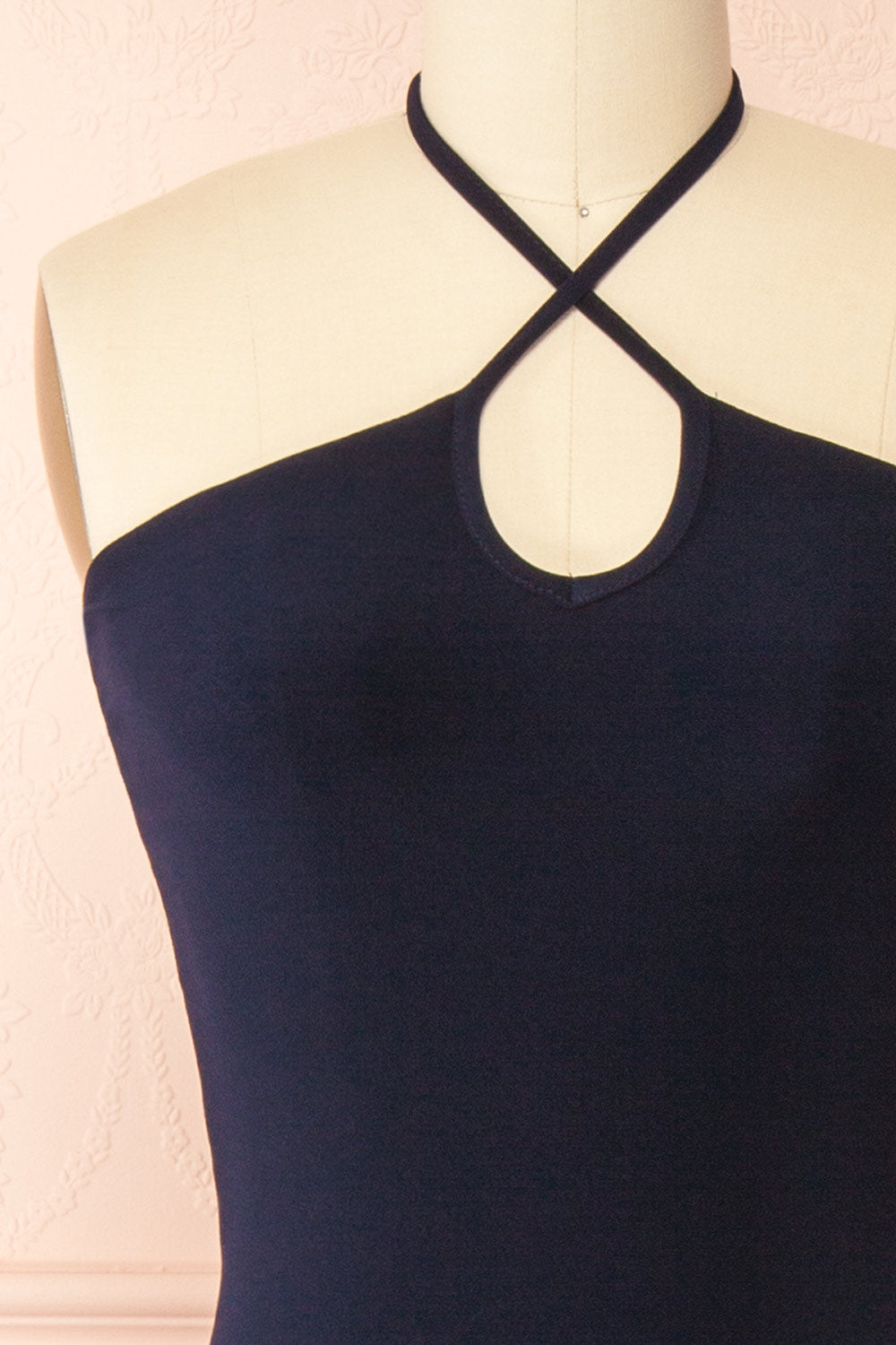 Leora Navy Long Dress w/ Criss-Cross Halter Neckline | Boutique 1861 front