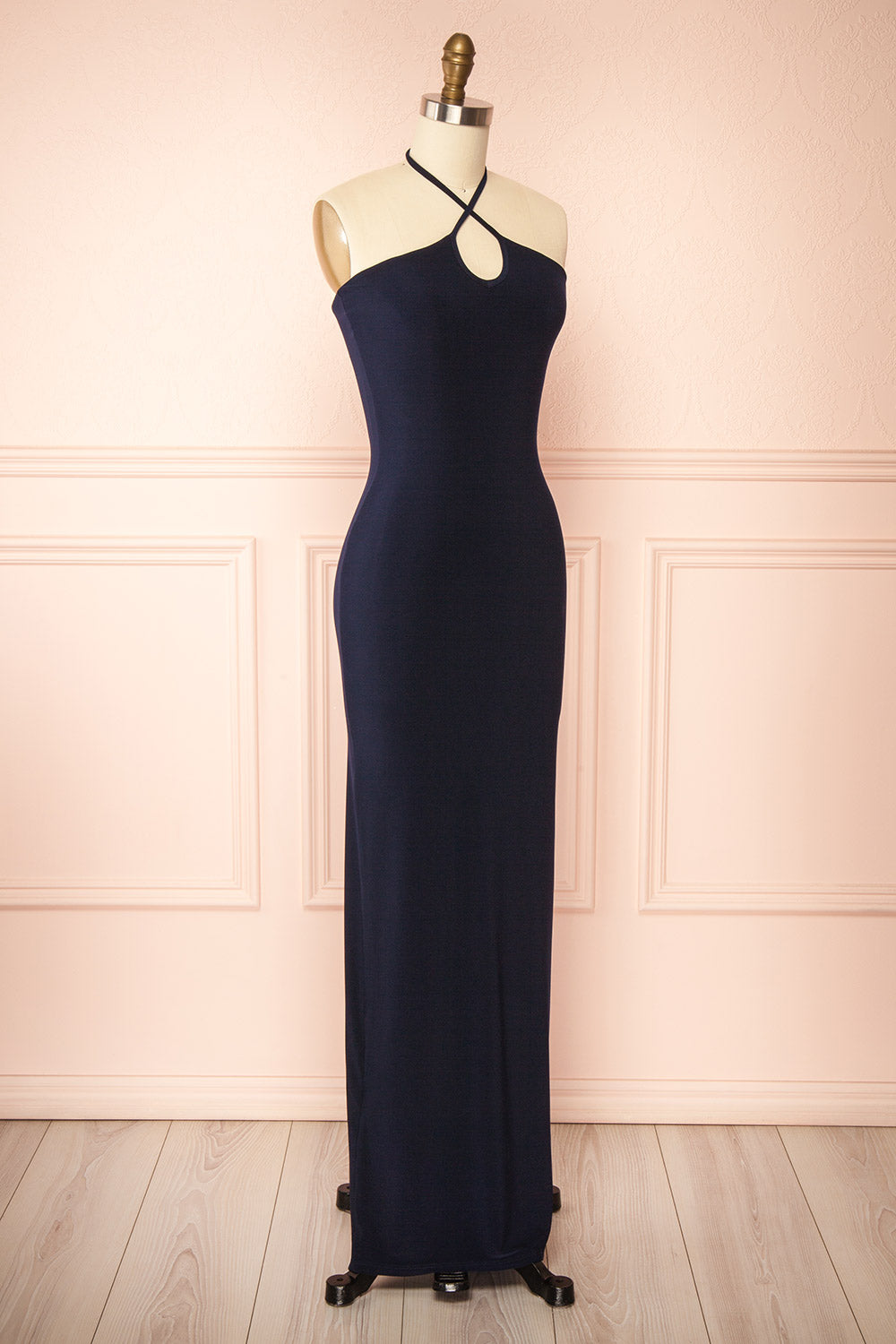 Leora Navy Long Dress w/ Criss-Cross Halter Neckline | Boutique 1861 side view