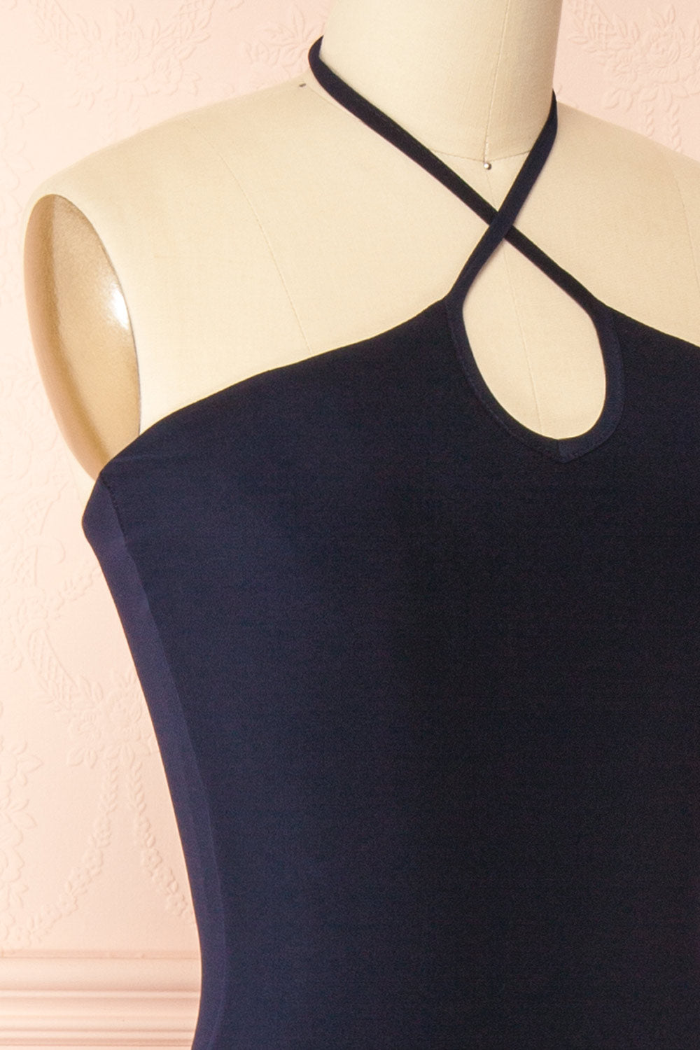 Leora Navy Long Dress w/ Criss-Cross Halter Neckline | Boutique 1861 side