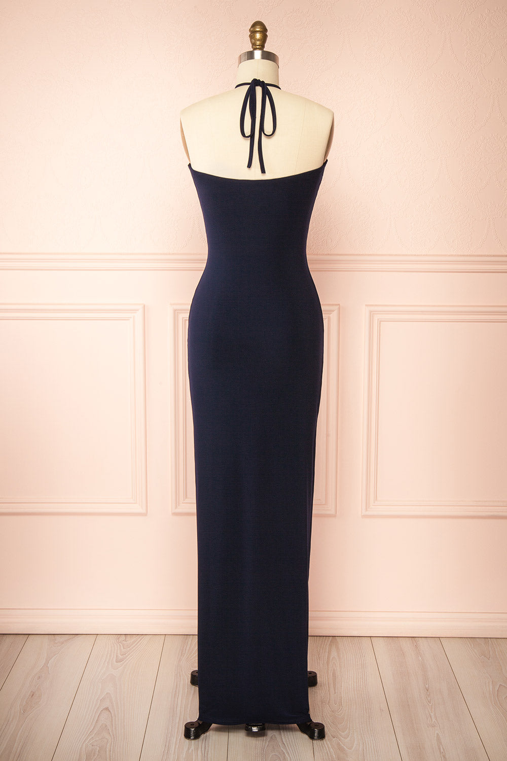 Leora Navy Long Dress w/ Criss-Cross Halter Neckline | Boutique 1861 back view