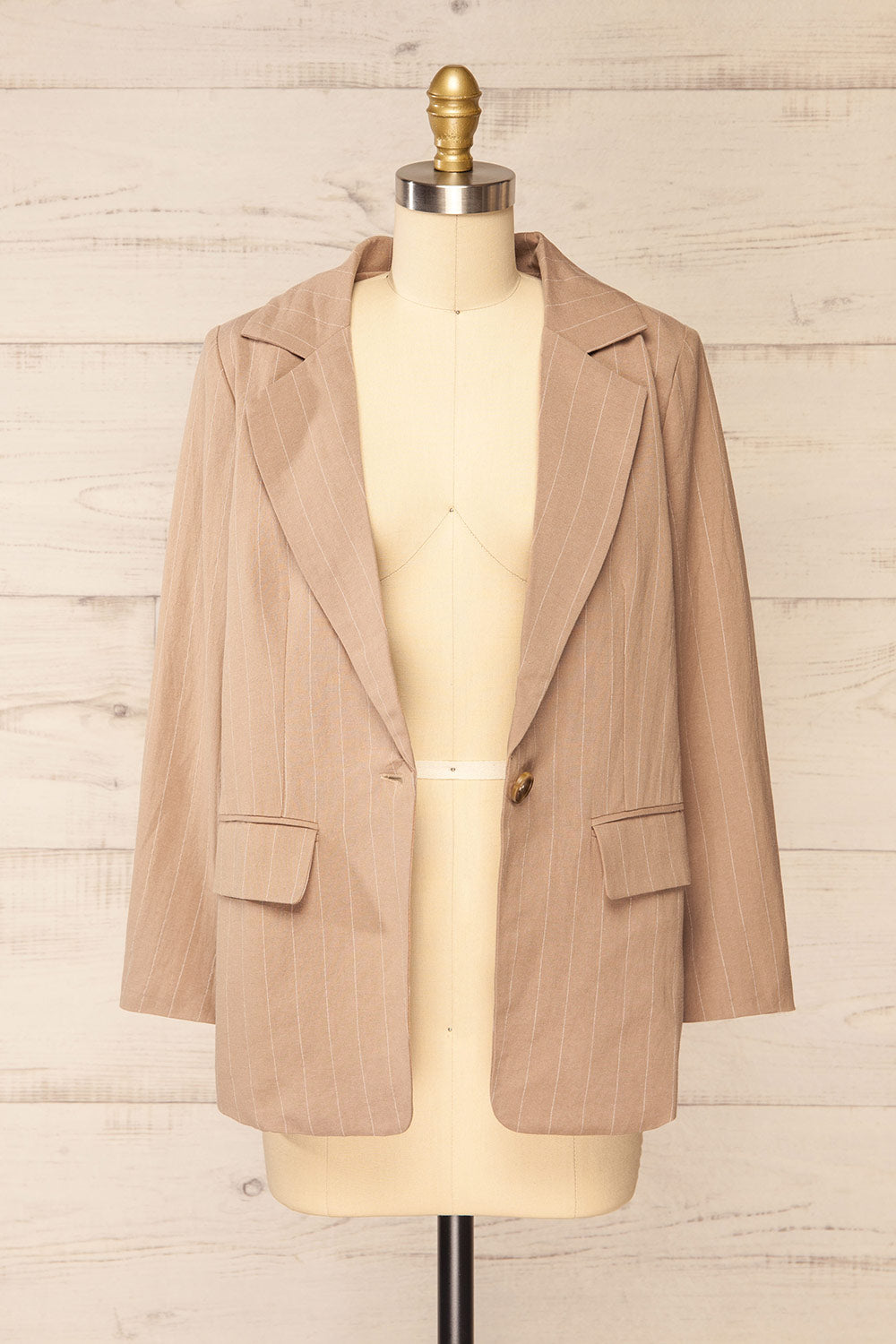 Lethbridge Taupe Blazer w/ White Stripes | La petite garçonne open view
