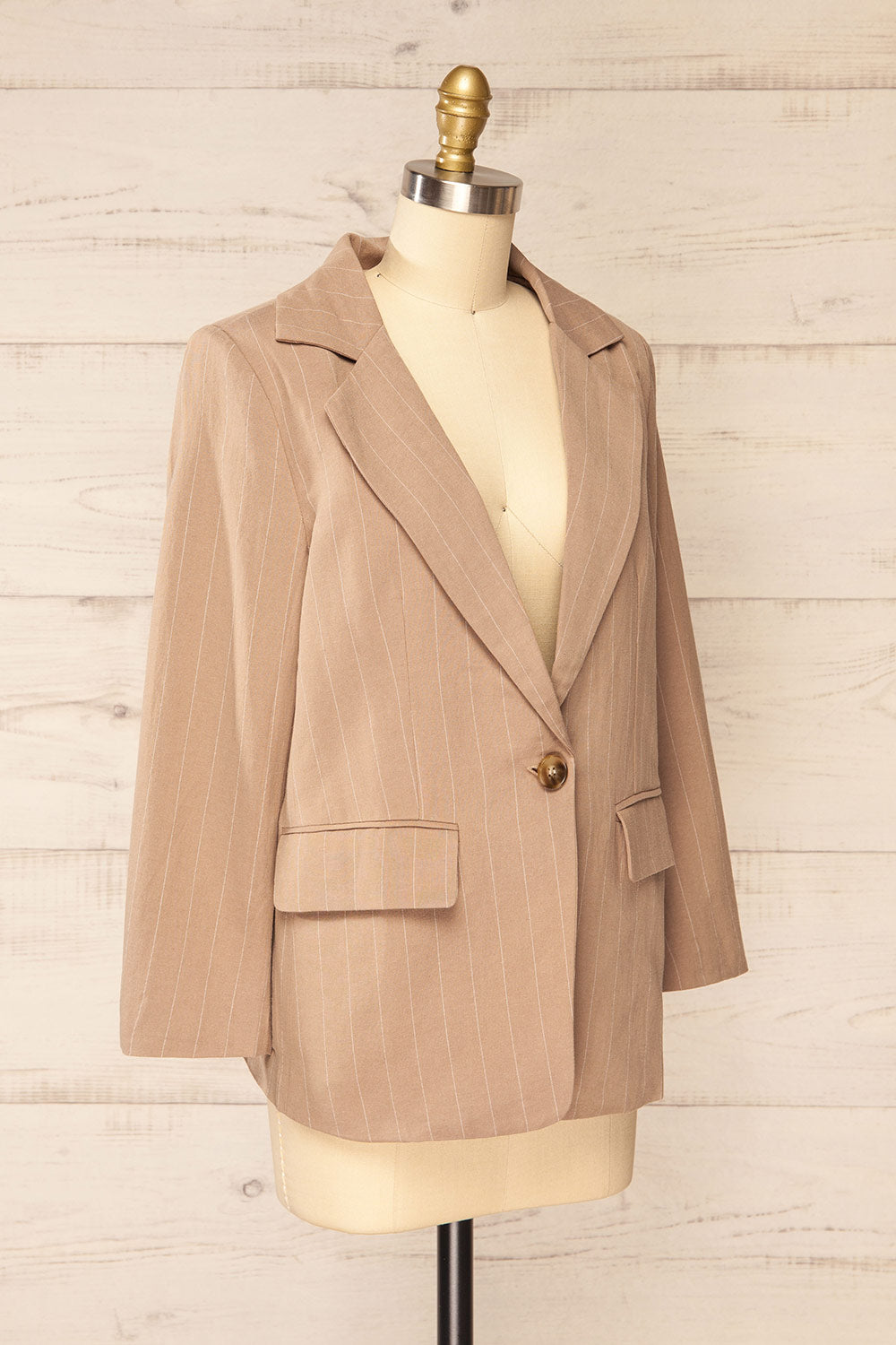 Lethbridge Taupe Blazer w/ White Stripes | La petite garçonne side view