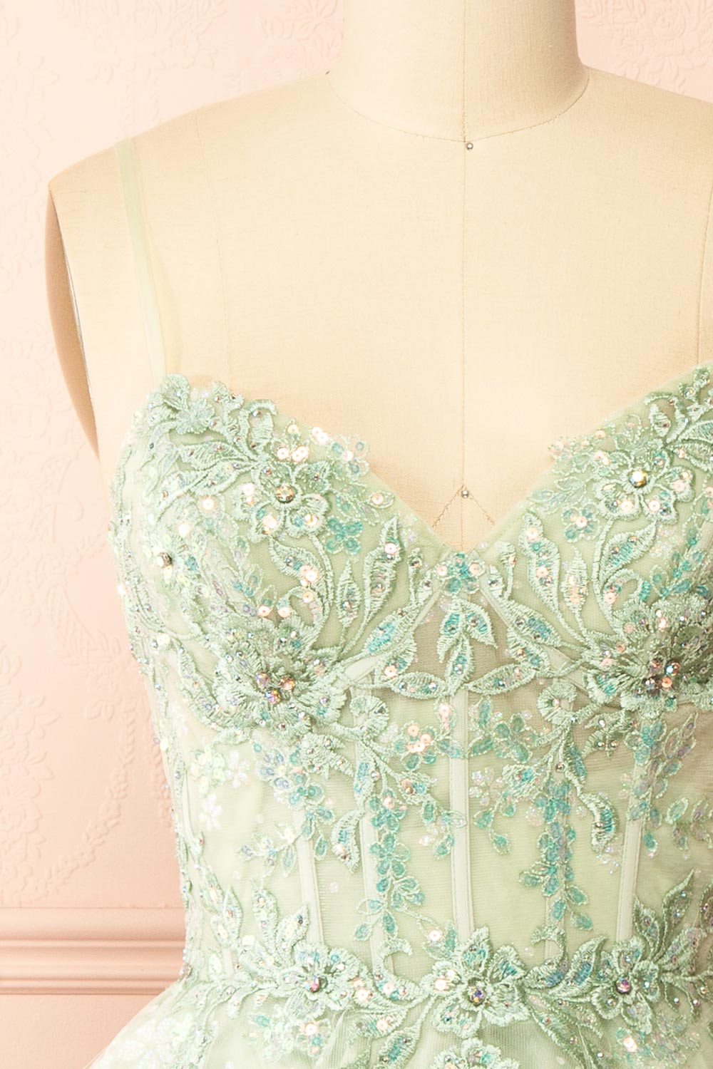 Lettie Short Floral Green Tulle Corset Dress | Boutique 1861 front