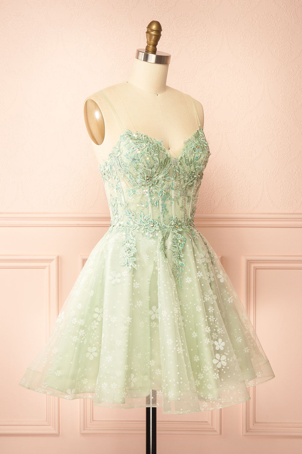 Lettie Short Floral Green Tulle Corset Dress | Boutique 1861 side view