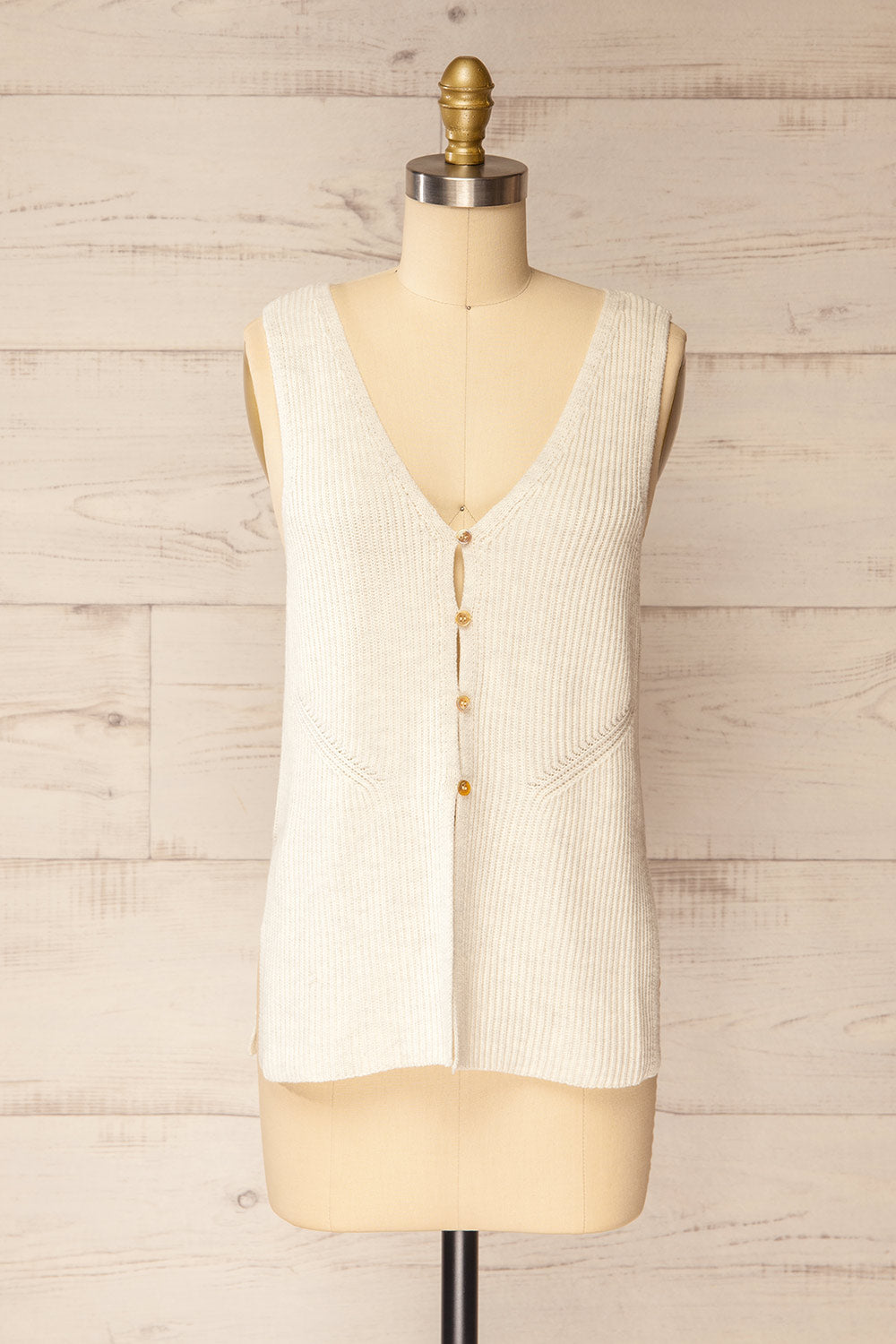Leuven Beige Button-Up Knit Tank Top | La petite garçonne front view