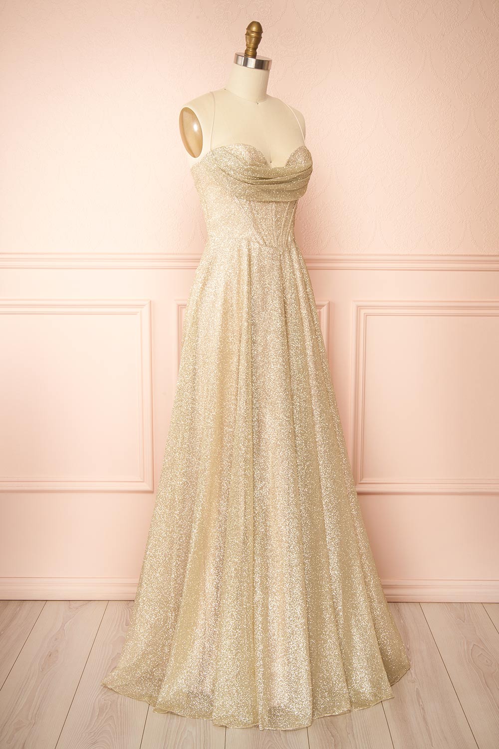 Lexy Champagne Sparkly Cowl Neck Maxi Dress | Boutique 1861 side view