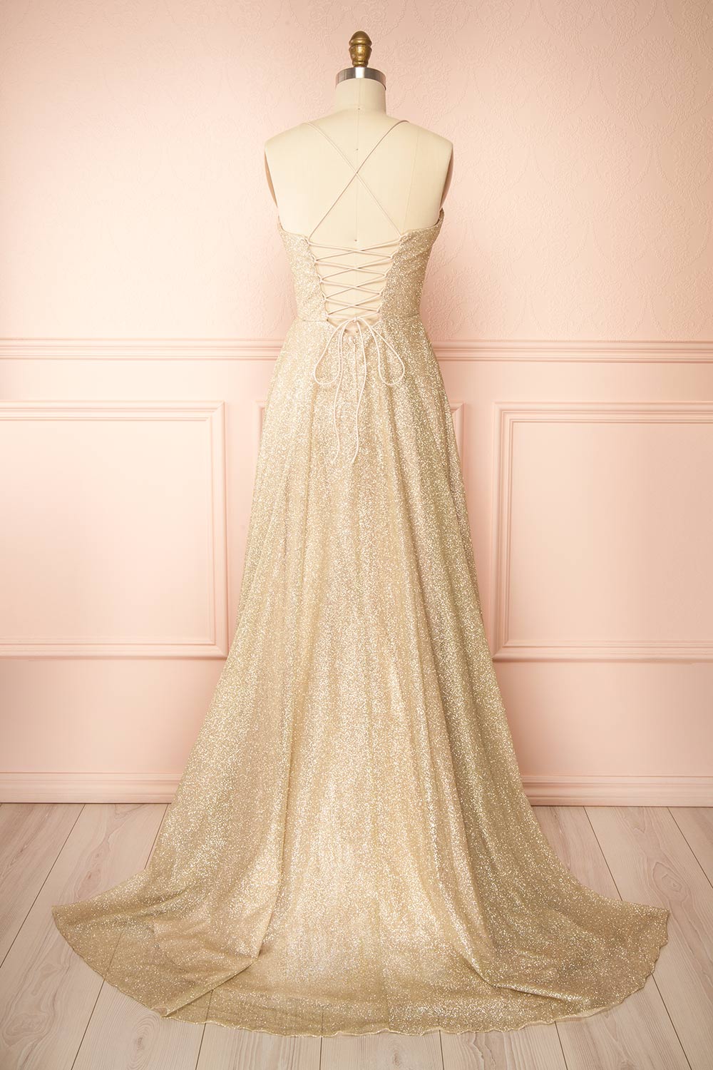 Lexy Champagne Sparkly Cowl Neck Maxi Dress | Boutique 1861 back