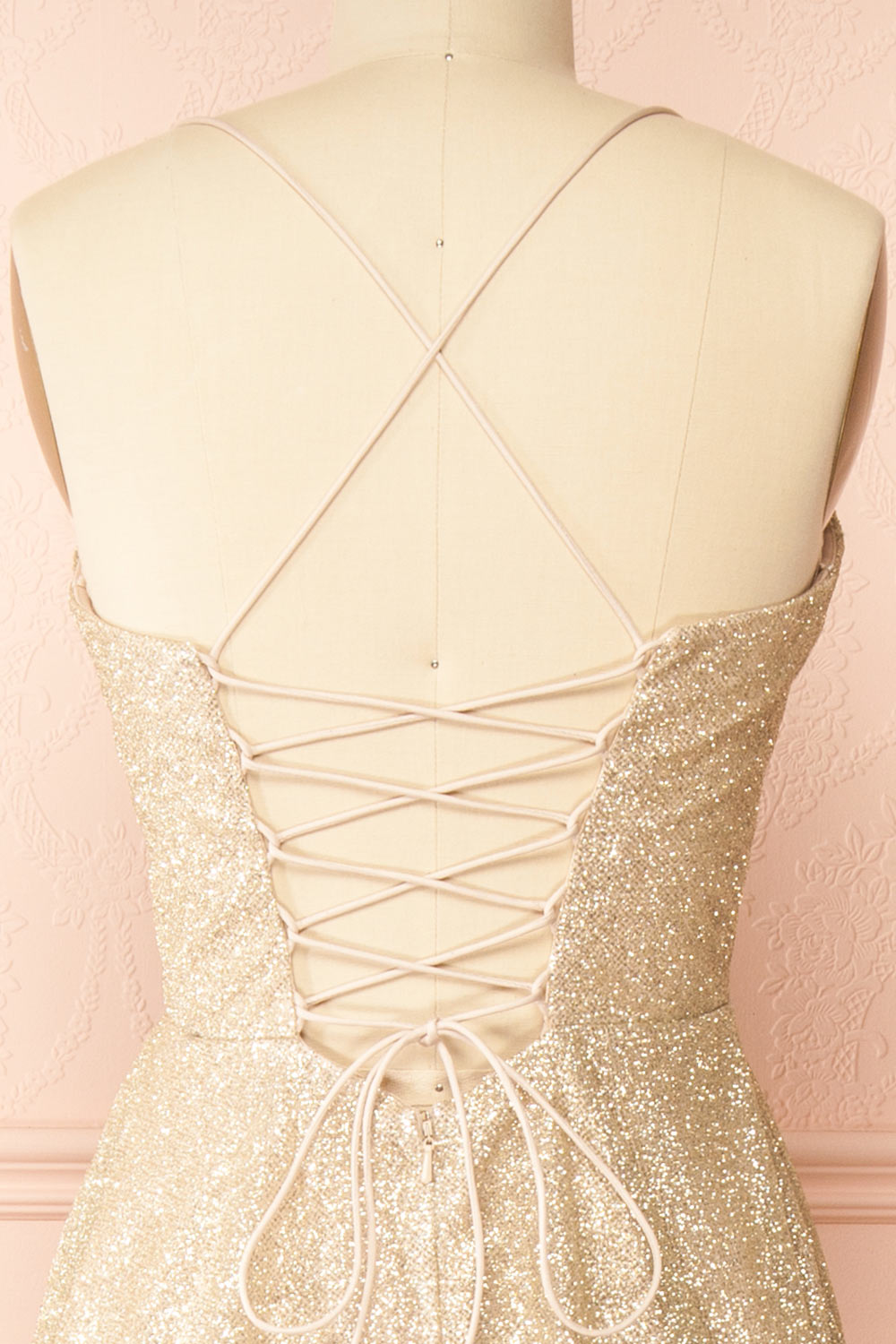Lexy Champagne Sparkly Cowl Neck Maxi Dress | Boutique 1861 back view