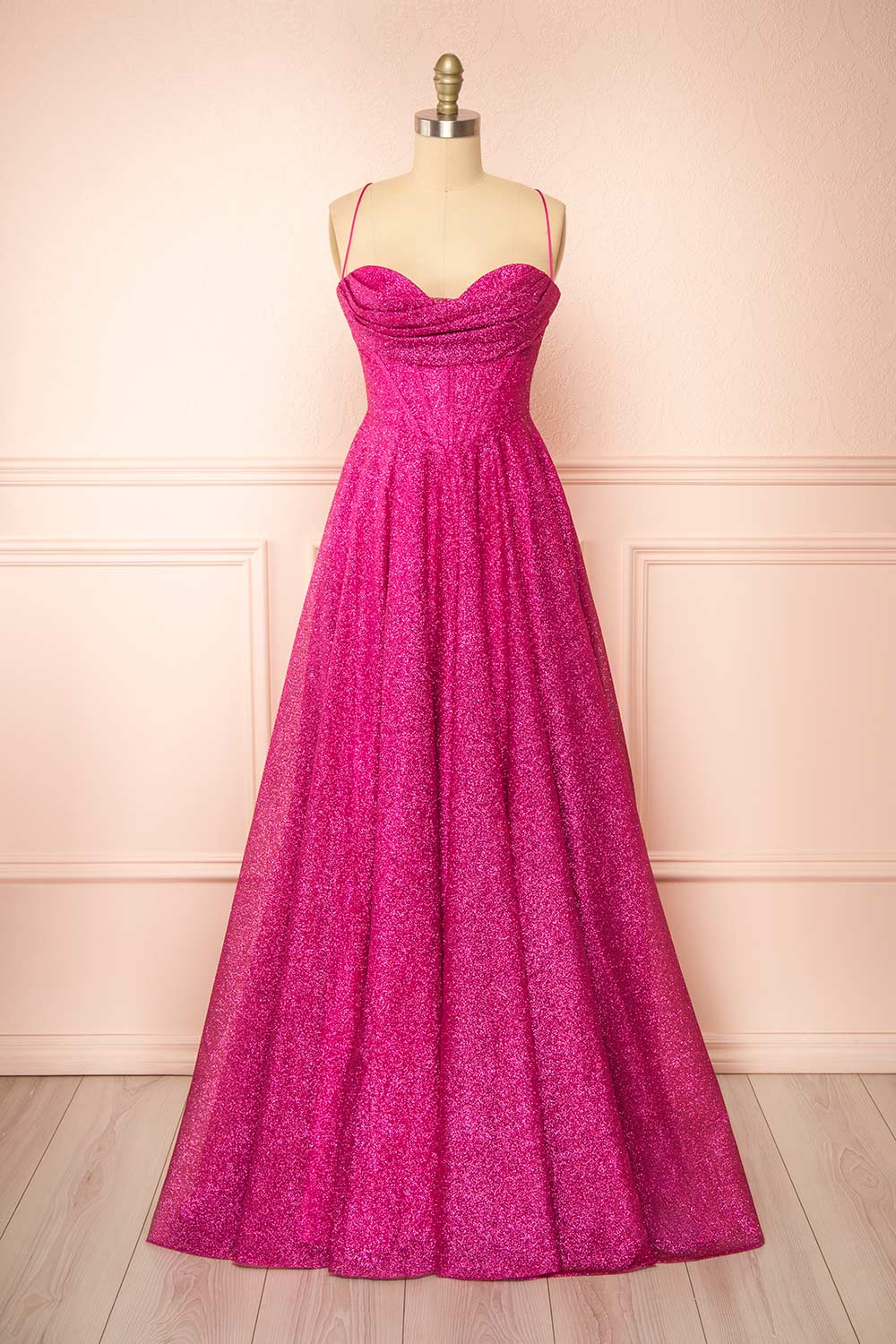 Lexy Fuchsia Sparkly Cowl Neck Maxi Dress | Boutique 1861 front view