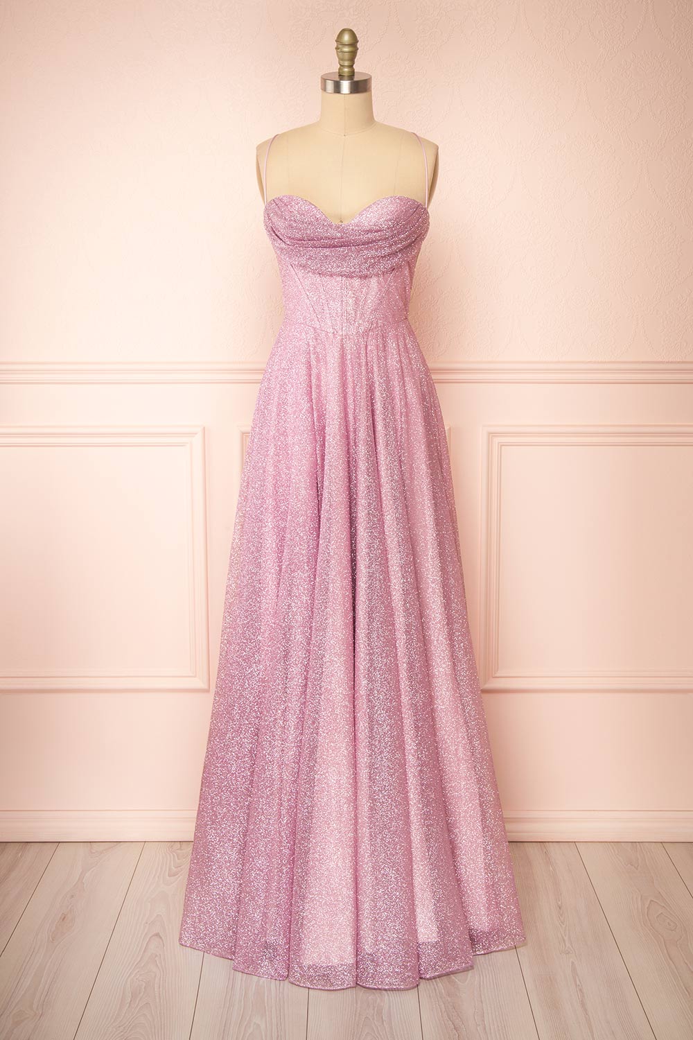 Lexy Pink Sparkly Cowl Neck Maxi Dress | Boutique 1861 front view