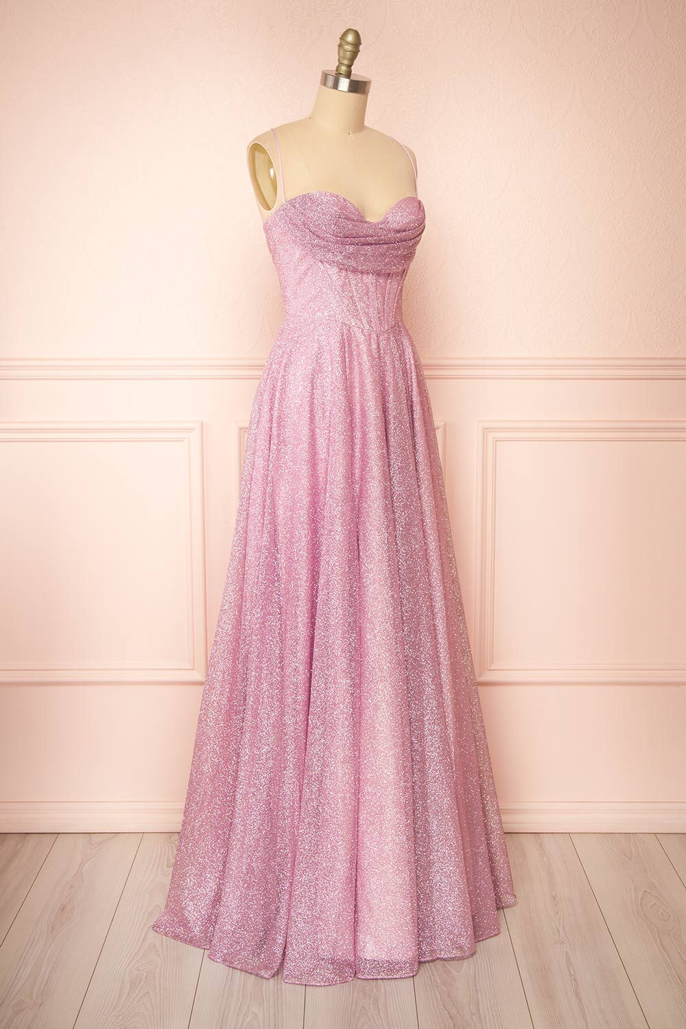 Lexy Pink Sparkly Cowl Neck Maxi Dress | Boutique 1861 side view