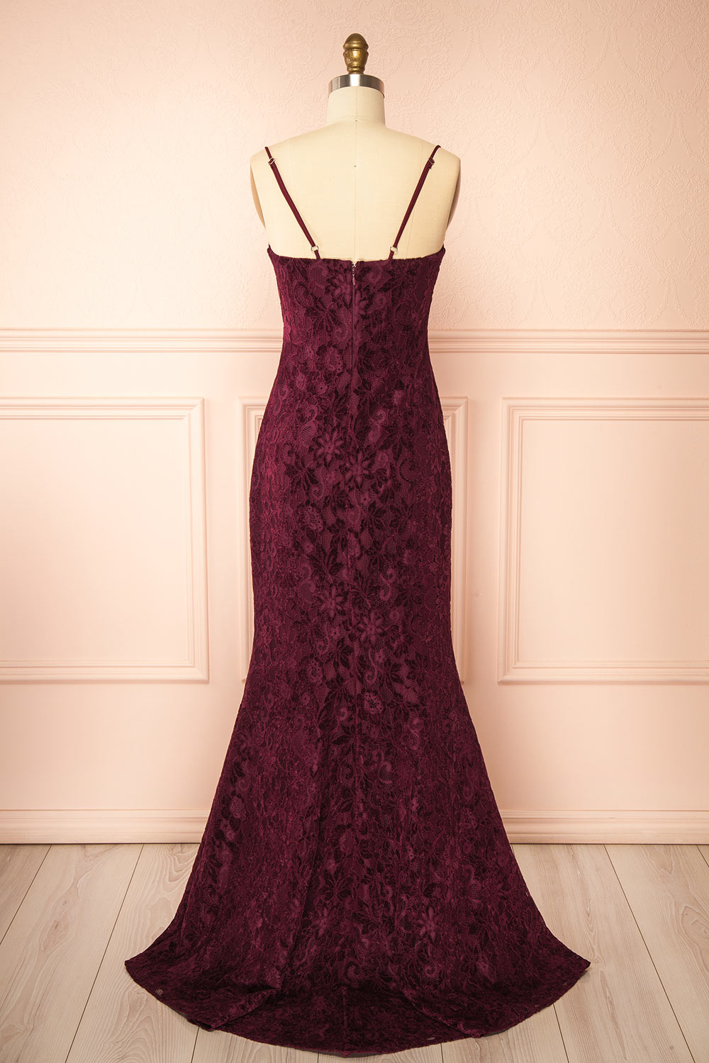 Lianna Burgundy Semi-Velvet Lace Maxi Dress with High Slit by Arti Gogna | Boutique 1861 back view