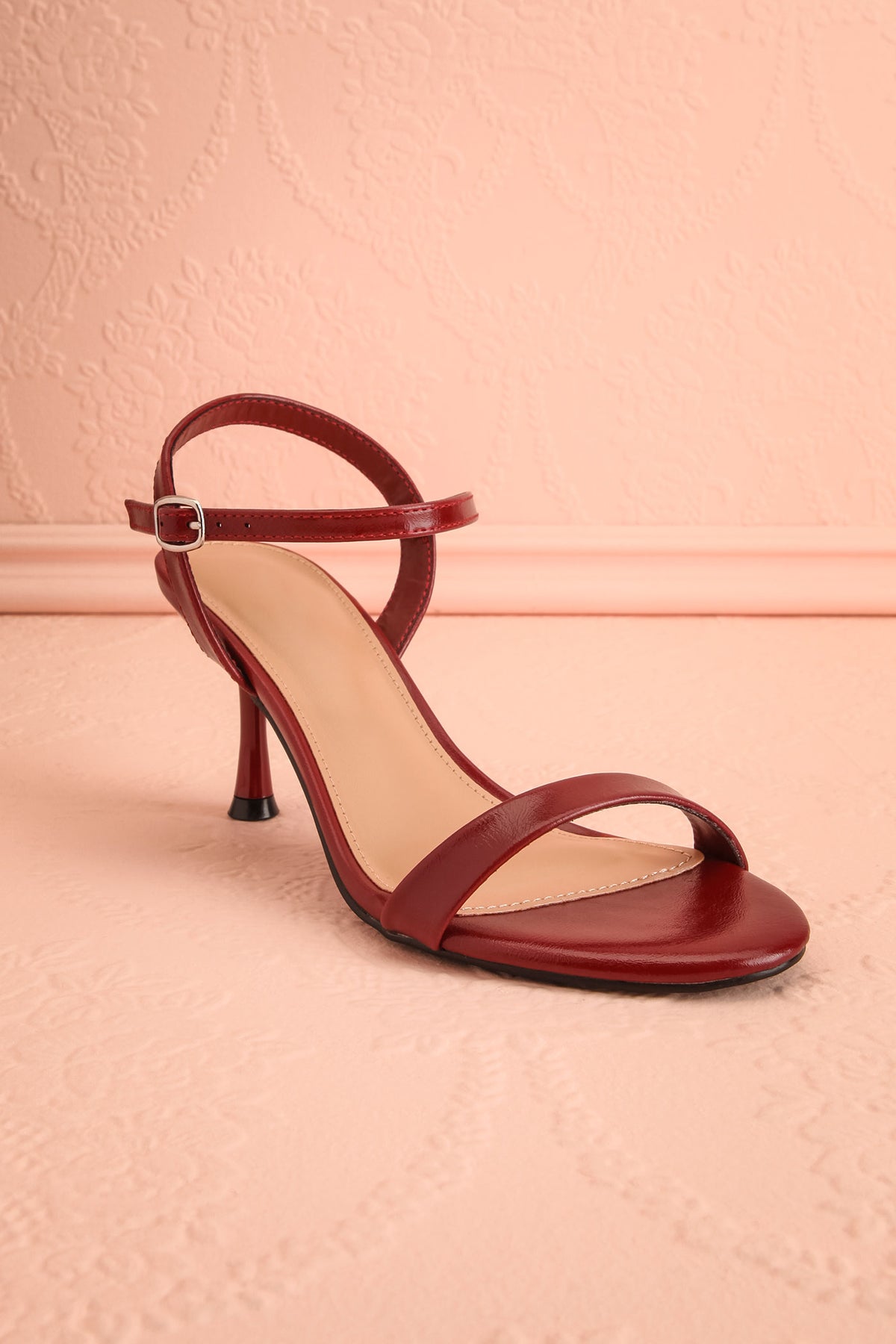 Front view of Liatris Red Ankle Strap Kitten Heel Sandals at Boutique 1861 in Montreal