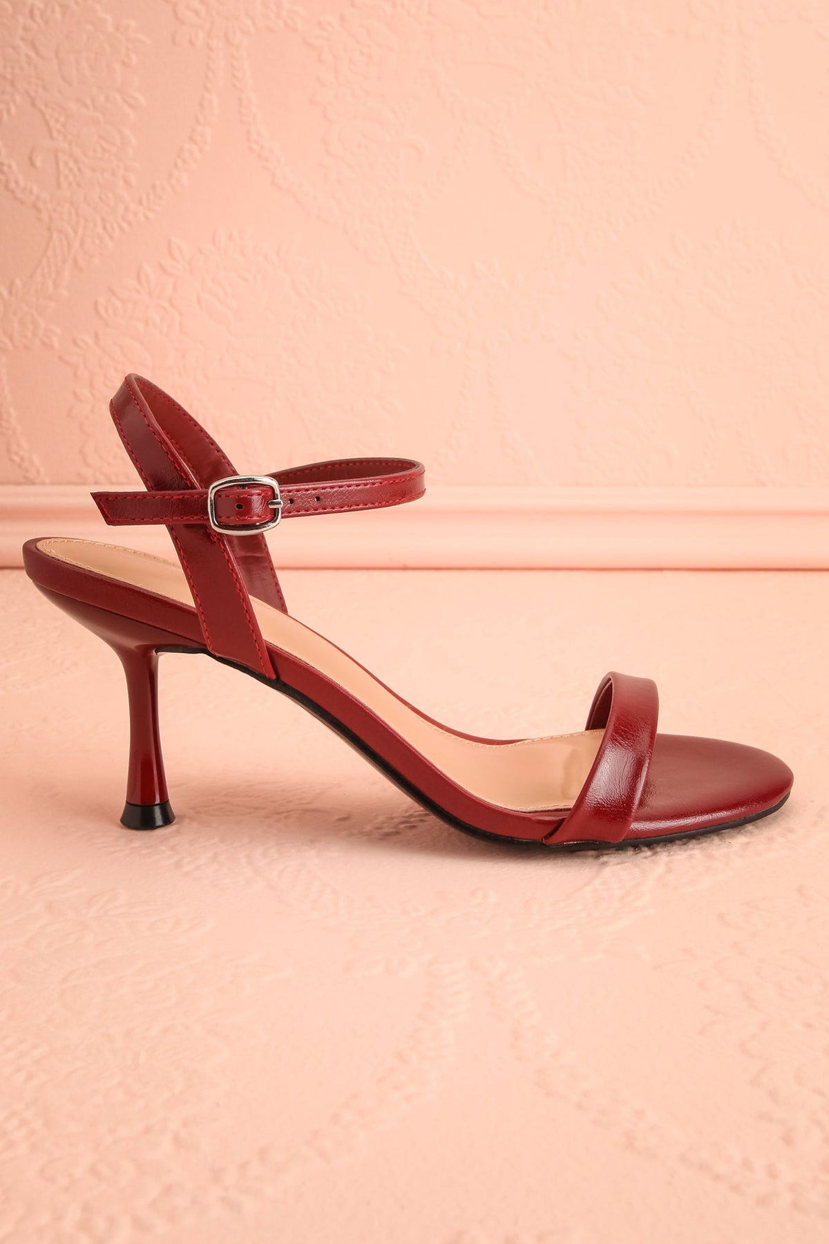 Side view of Liatris Red Ankle Strap Kitten Heel Sandals at Boutique 1861 in Montreal