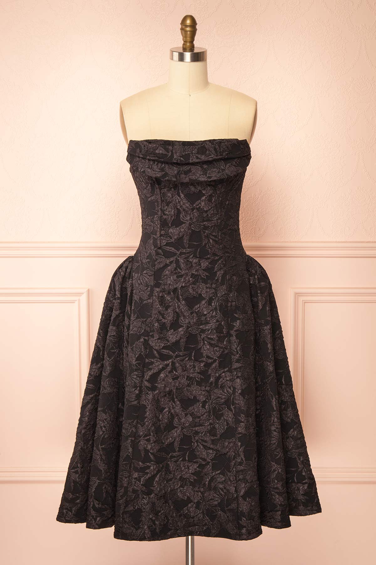 Front view of Liliah Black Strapless Midi Corset Dress at Boutique 1861