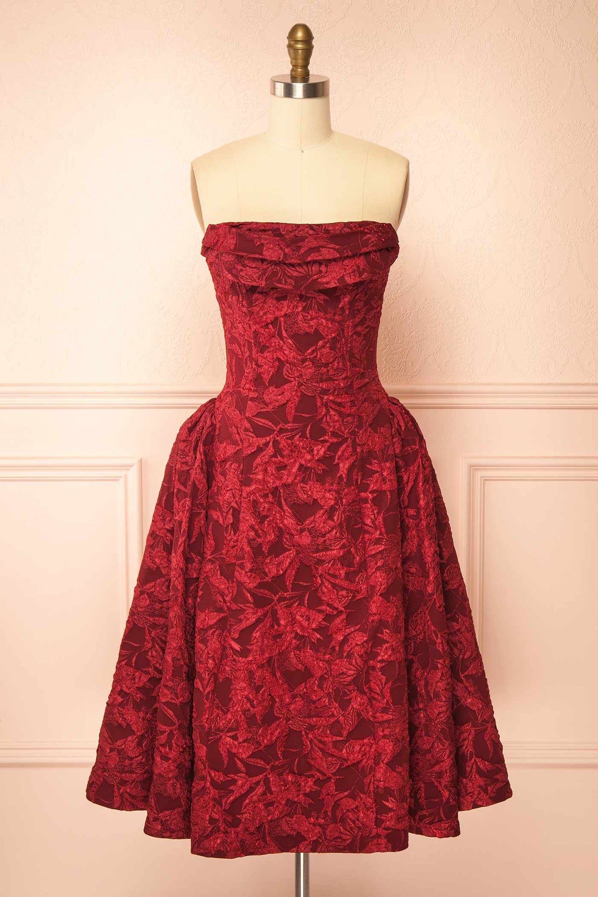 Front view of Liliah Burgundy Strapless Midi Corset Dress at Boutique 1861