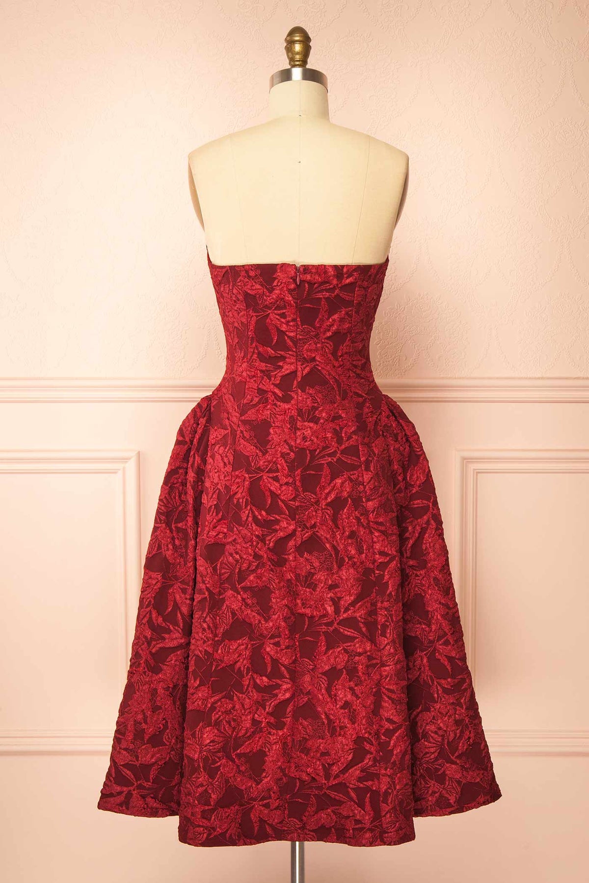 Back view of Liliah Burgundy Strapless Midi Corset Dress at Boutique 1861