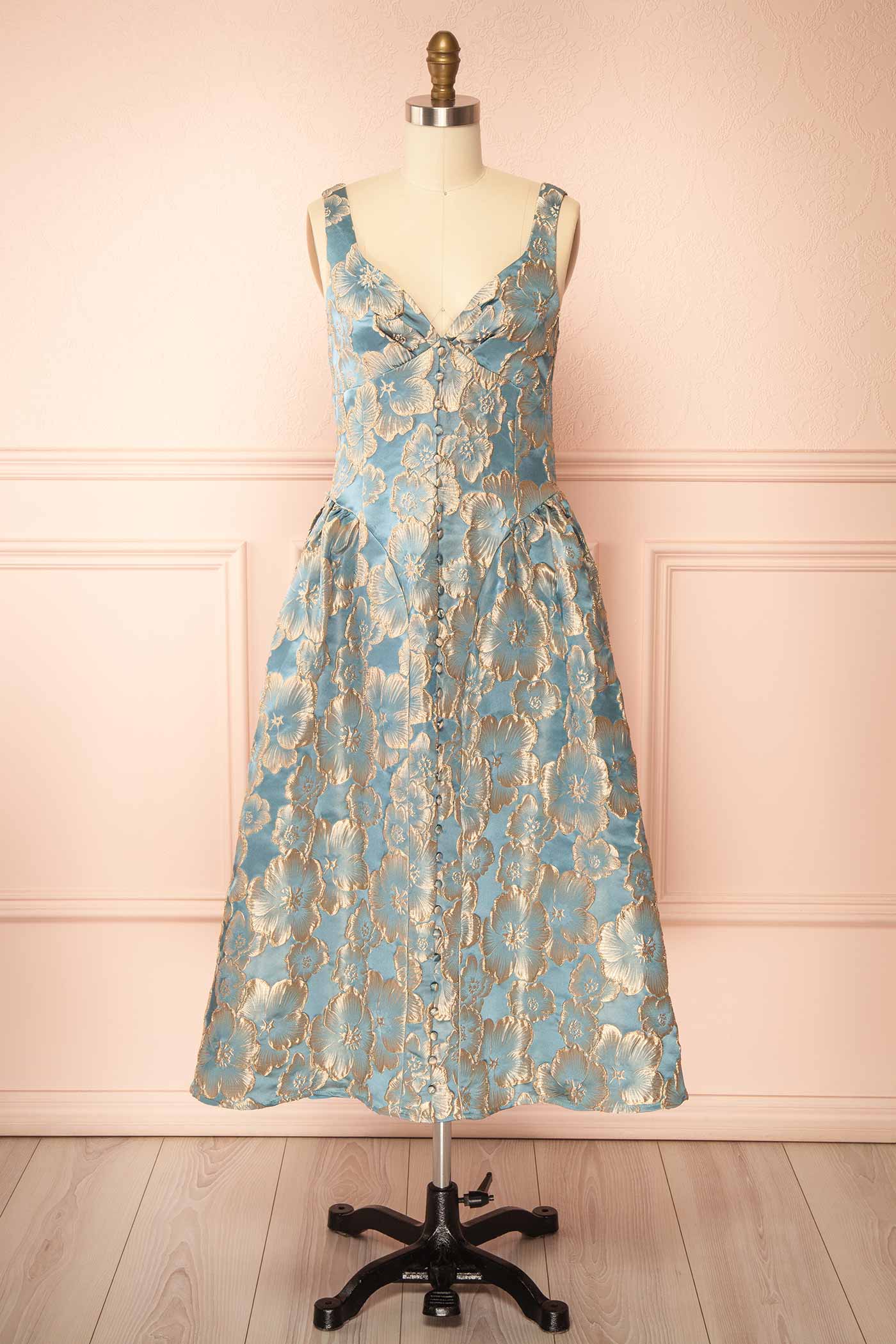 Liorin Blue Midi Floral Dress with Pockets | Boutique 1861 front