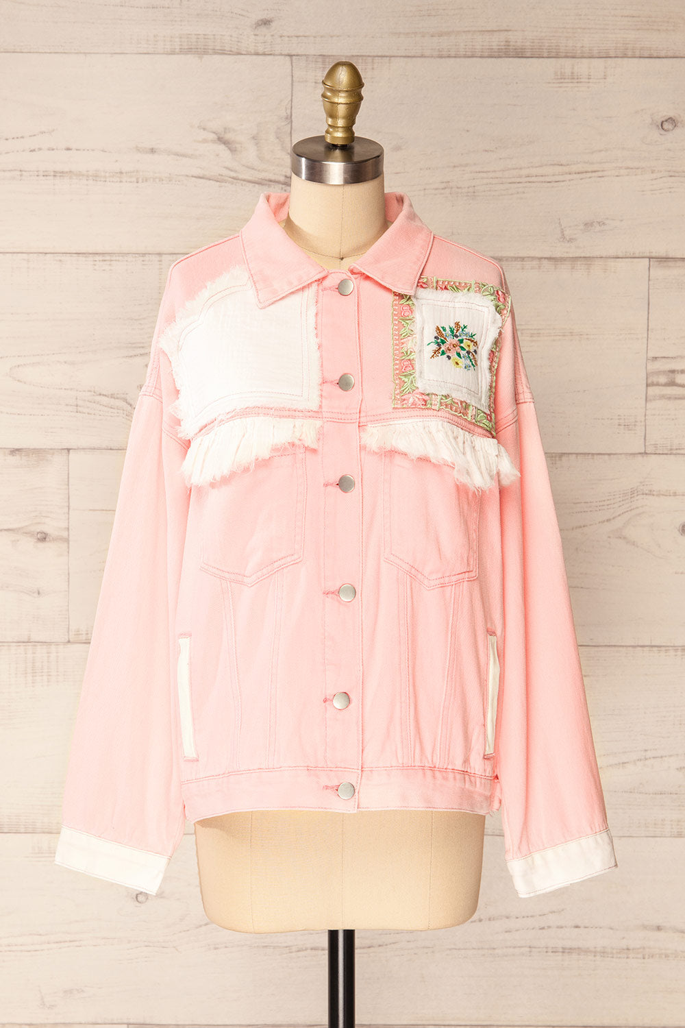 Lisbon Pink Oversized Denim Jacket w/ Embroidery | La petite garçonne front view