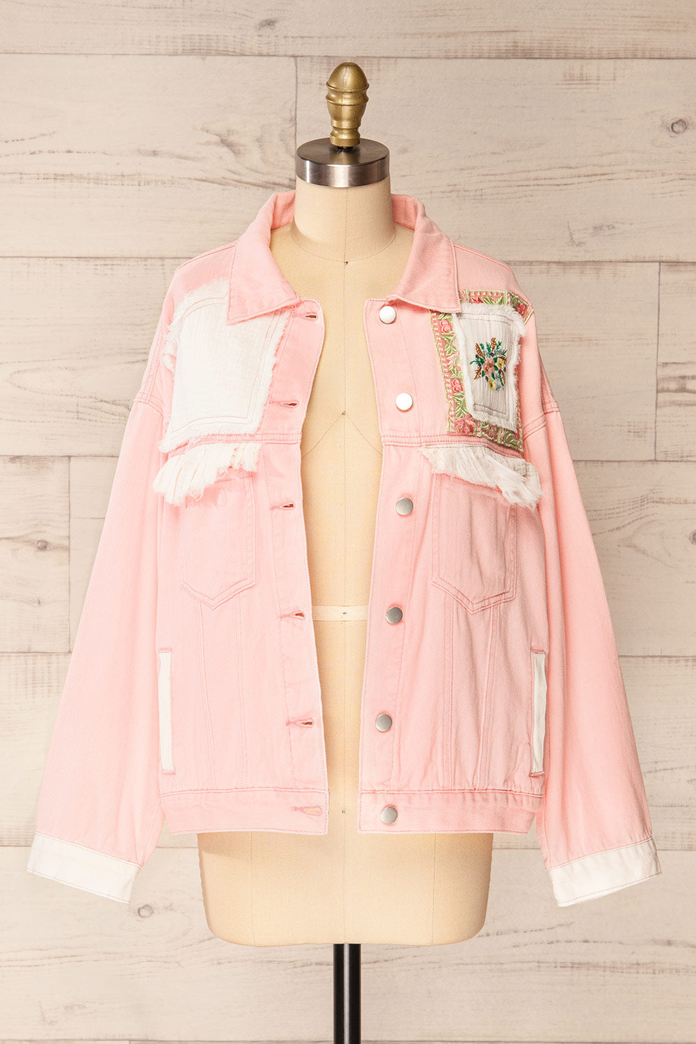 Lisbon Pink Oversized Denim Jacket w/ Embroidery | La petite garçonne open view 