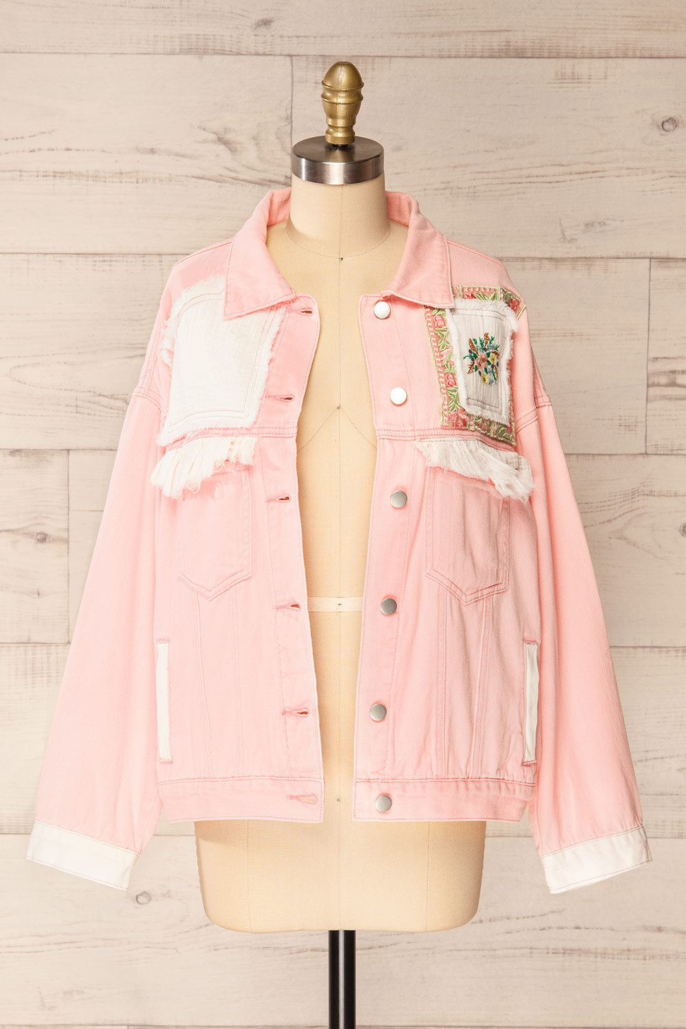 Lisbon Pink Oversized Denim Jacket w/ Embroidery | La petite garçonne open view