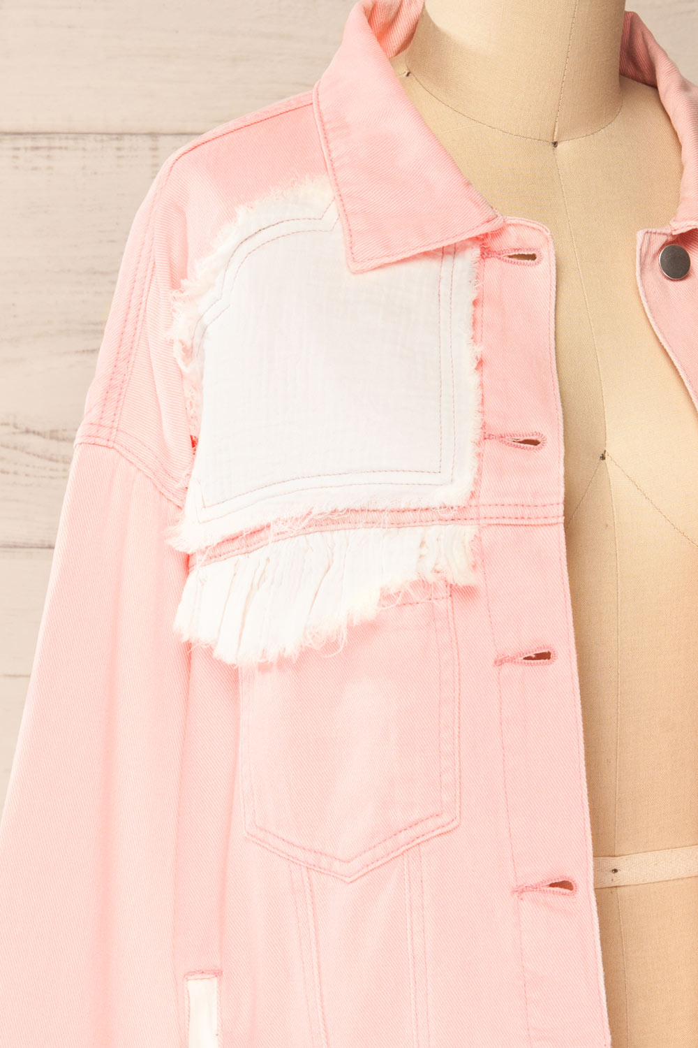 Lisbon Pink Oversized Denim Jacket w/ Embroidery | La petite garçonne side close-up