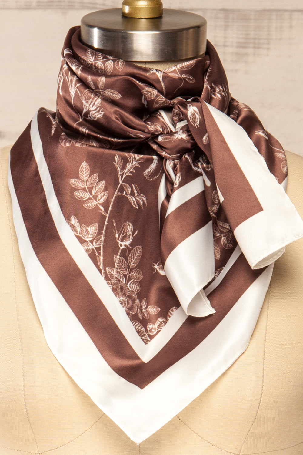 Lisieux Brown Satin Scarf w/ Forest Print | La petite garçonne tied close-up