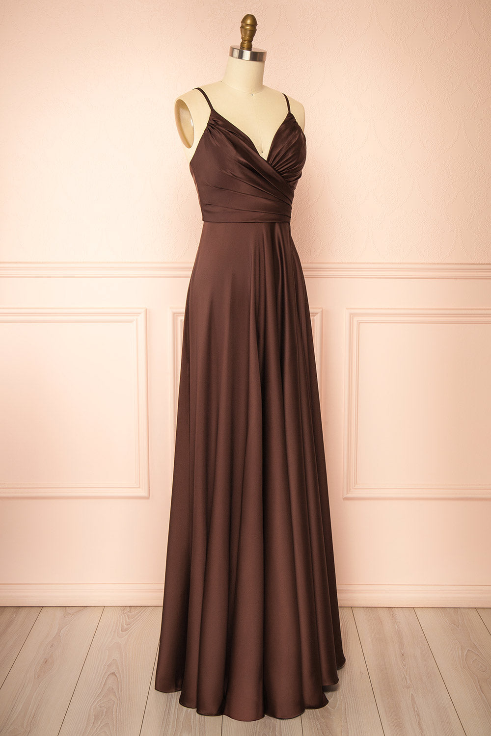 Lizza Brown Satin Maxi Dress with Slit | Boutique 1861 side view