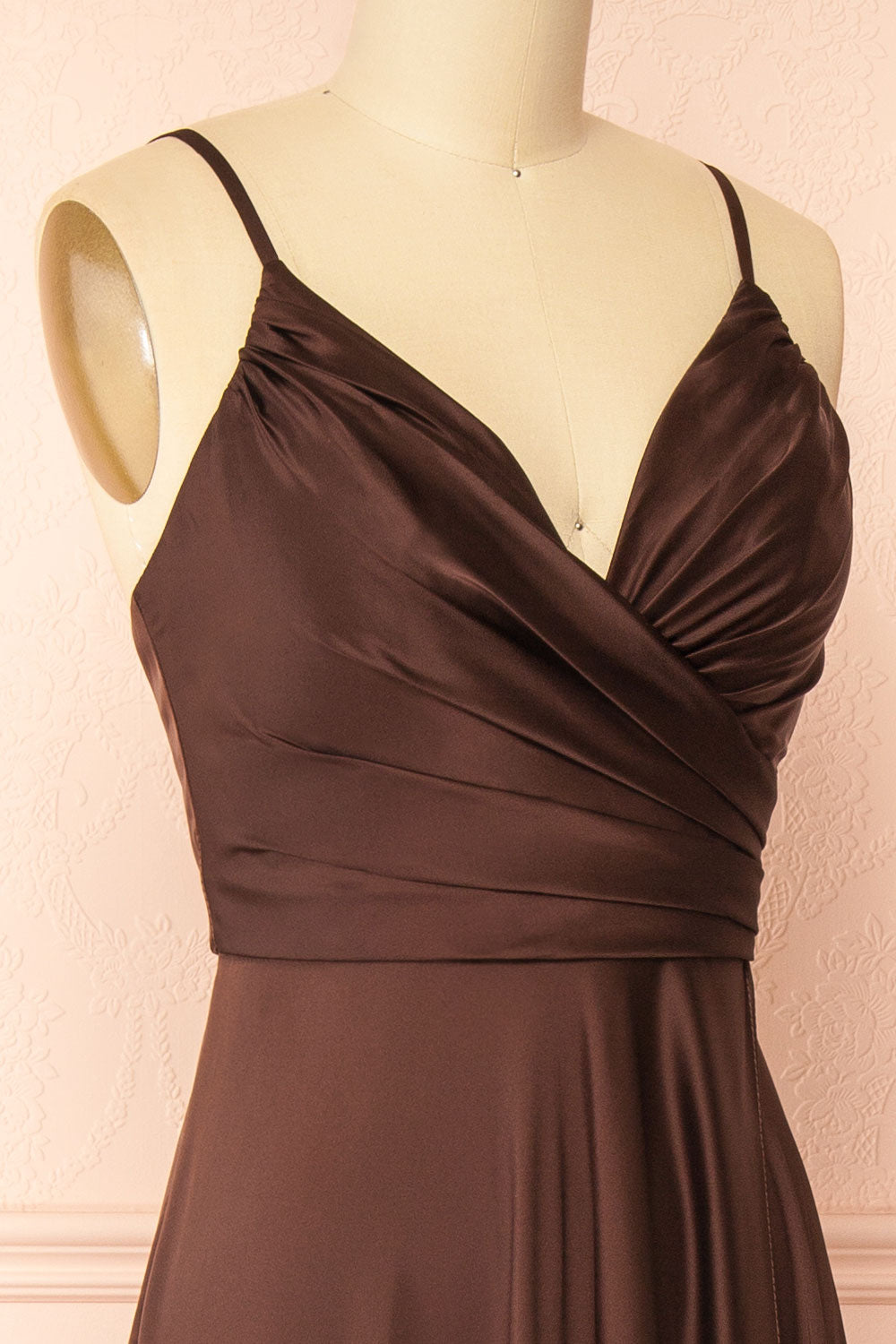 Lizza Brown Satin Maxi Dress with Slit | Boutique 1861 side