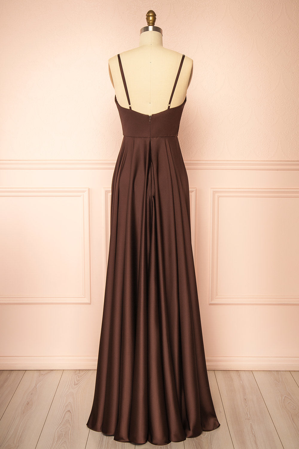 Lizza Brown Satin Maxi Dress with Slit | Boutique 1861 back view