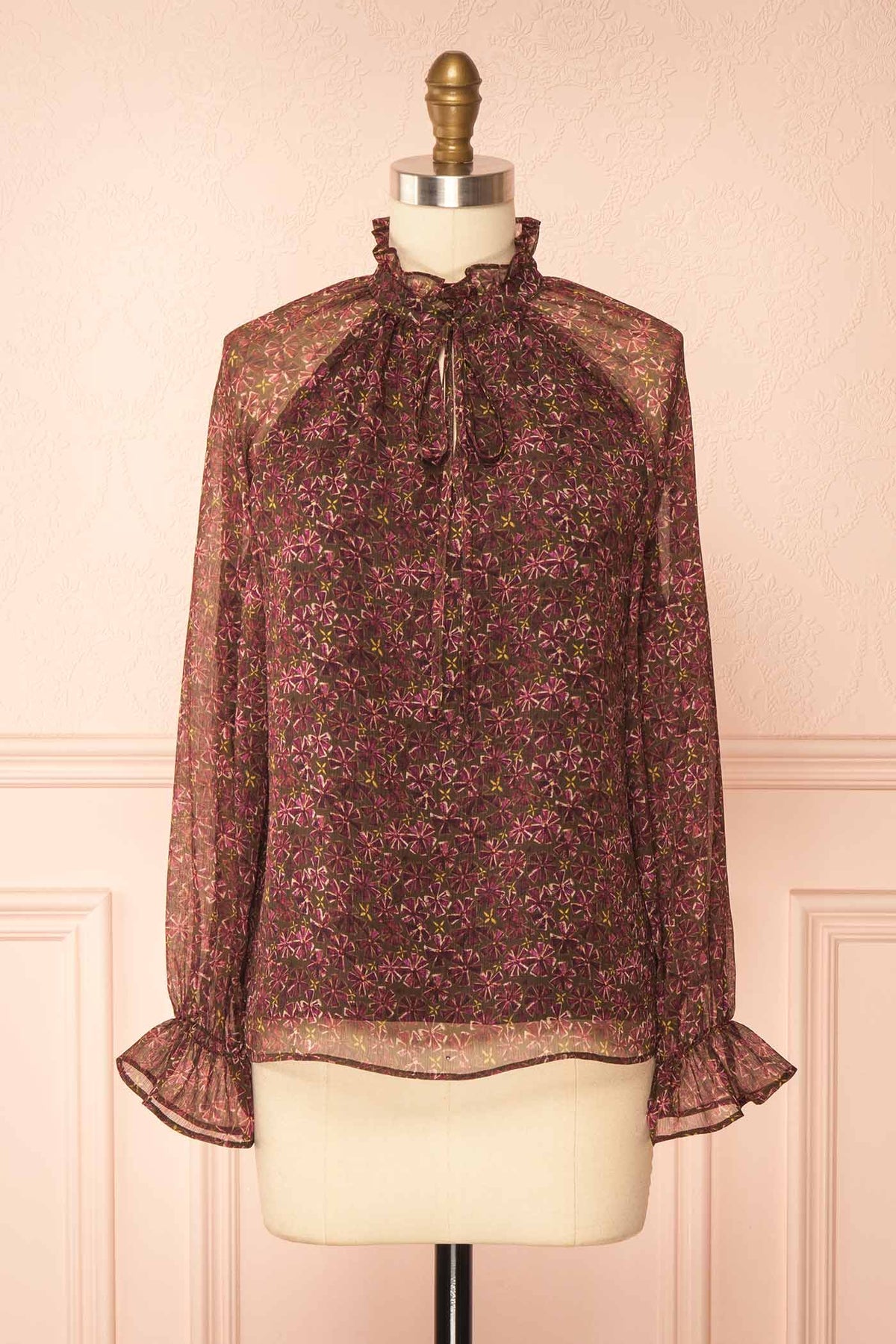 front view of Lockne Floral Sheer Blouse with Lined Body and Ruffled Collar at Boutique 1861