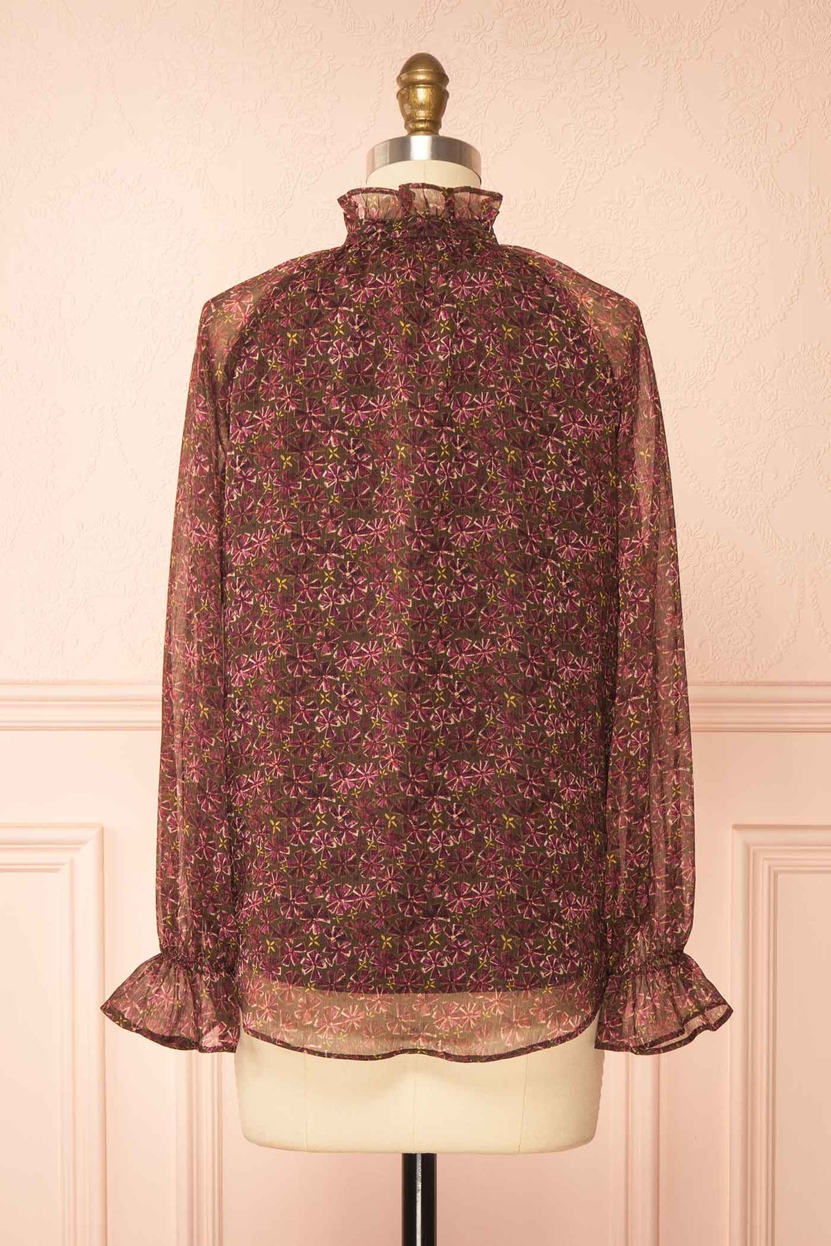 back view of Lockne Floral Sheer Blouse with Lined Body and Ruffled Collar at Boutique 1861