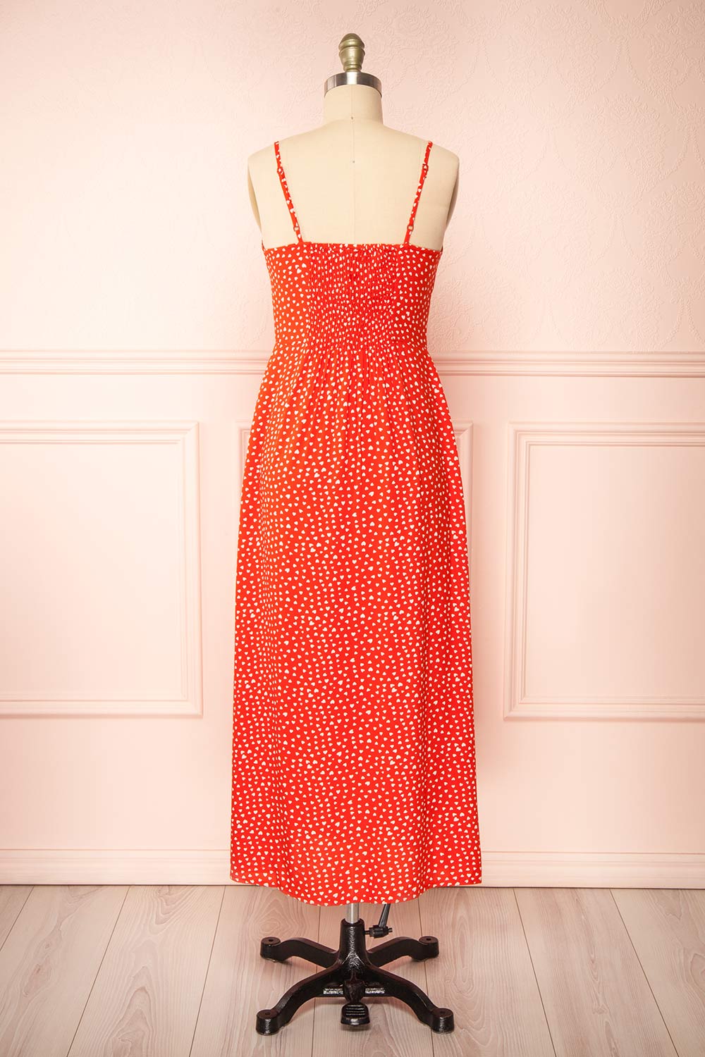 Loranda Red Heart Print Midi Dress w/ Ruffles | Boutique 1861 back view