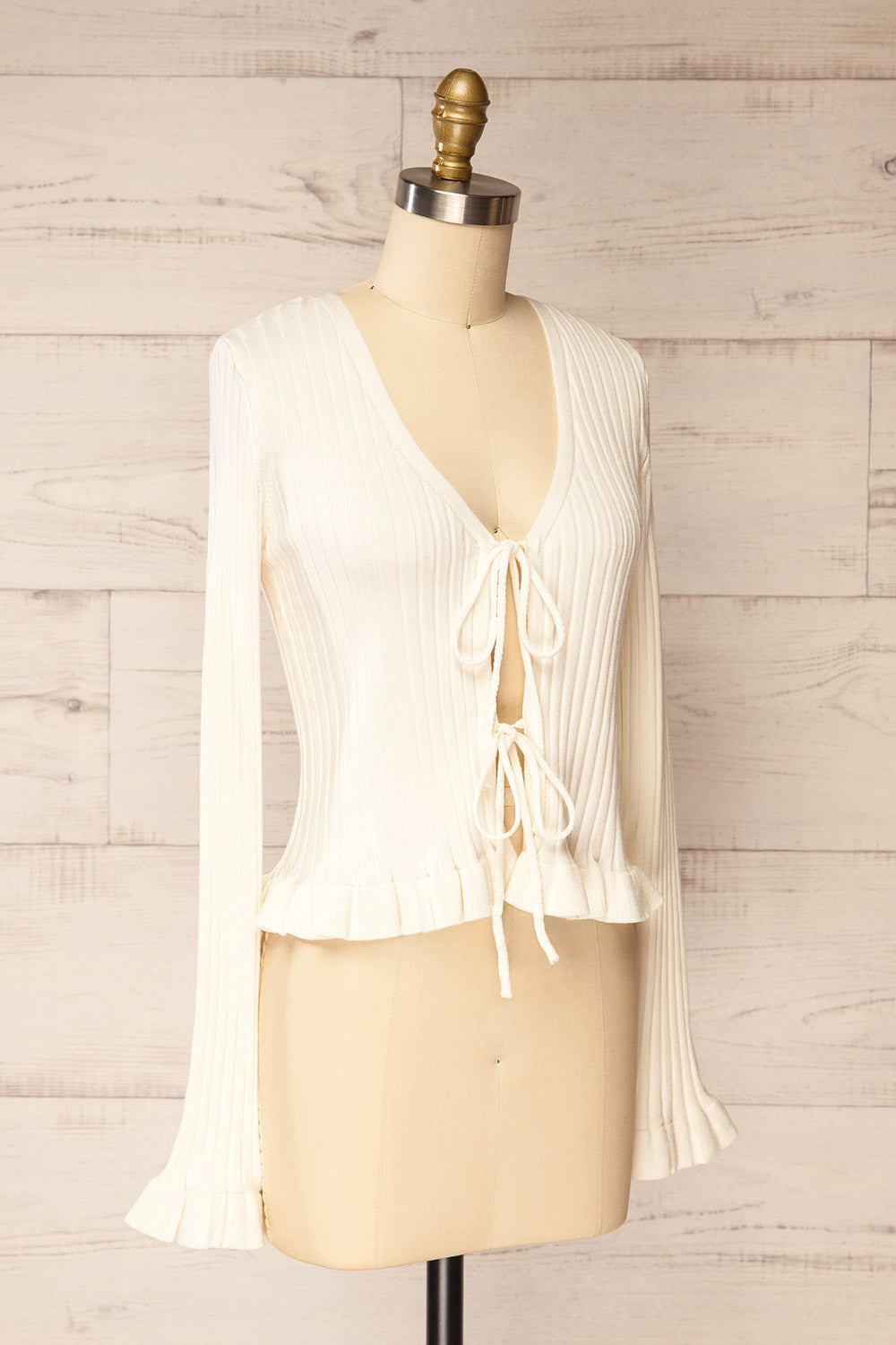 Lortona Ivory Ribbed Knit Cardigan with Front Tie and Frill Details | La petite garçonne side view