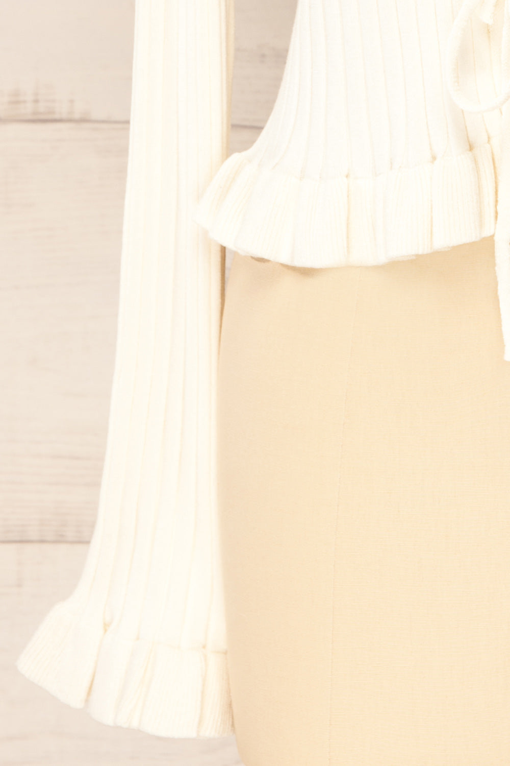 Lortona Ivory Ribbed Knit Cardigan with Front Tie and Frill Details | La petite garçonne sleeve