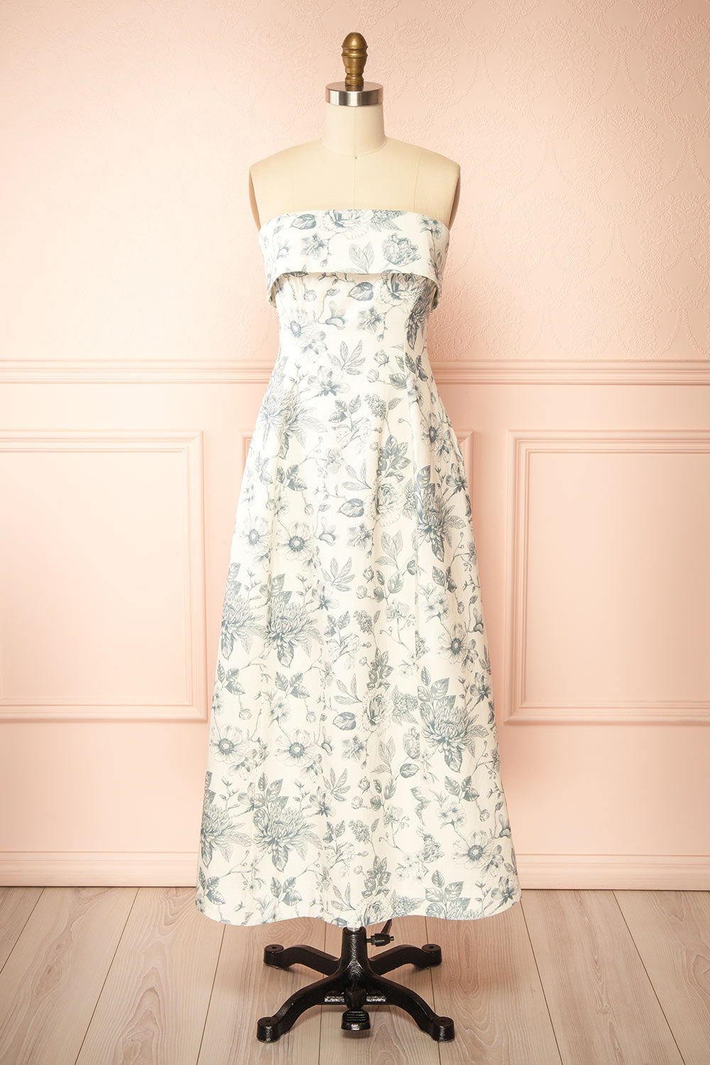 Louna Blue Strapless Floral Faux Linen Dress | Boutique 1861 front view
