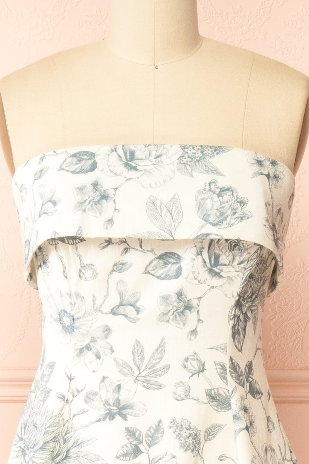 Louna Blue Strapless Floral Faux Linen Dress | Boutique 1861 front