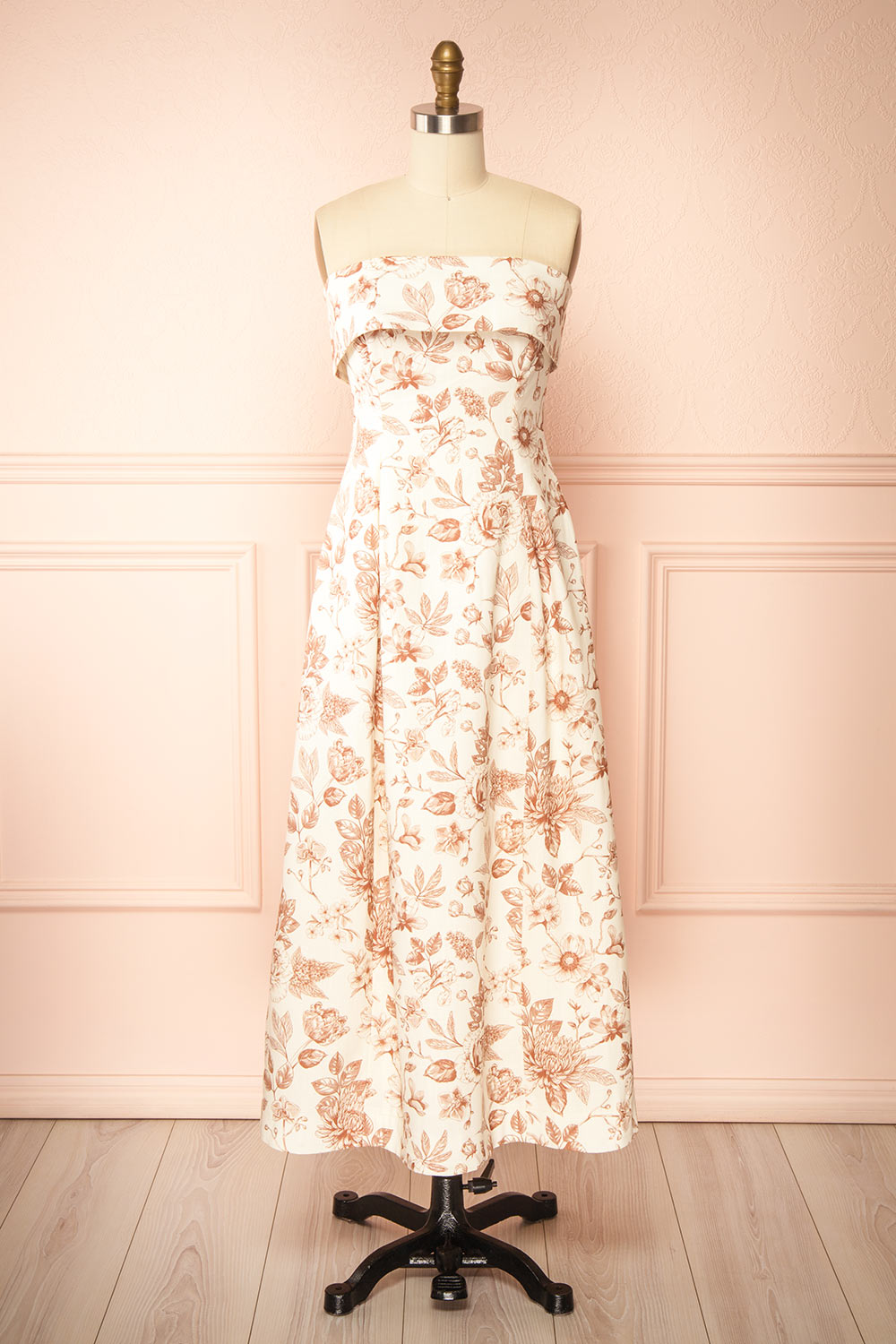 Louna Brown Strapless Floral Faux Linen Dress | Boutique 1861 front view