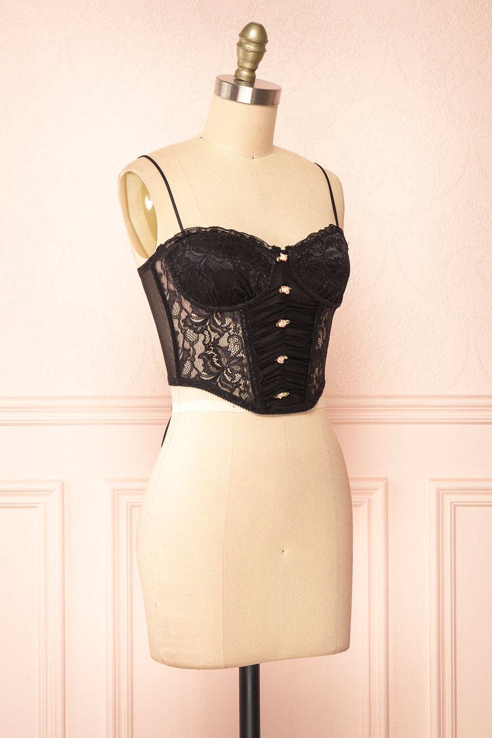 Lucie Cropped Black Lace Corset w/ Roses | Boutique 1861 side view