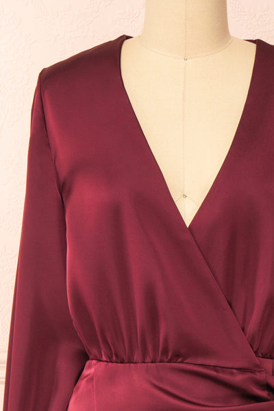 Lunaria Burgundy Satin Wrap Midi Dress w/ Long Sleeves | Boutique 1861 front