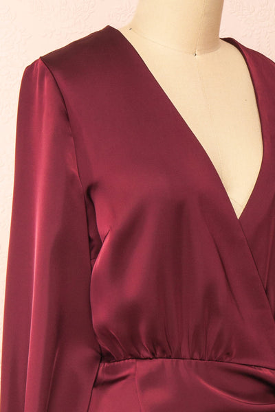 Lunaria Burgundy Satin Wrap Midi Dress w/ Long Sleeves | Boutique 1861 side